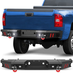 Rear Bumper for 2011-2014 Chevy Silverado/GMC Sierra 2500/3500 Full Width Offroad Bumper w/Step Plate, 2x18w Lights, D-rings for 2011-2014 Chevy Silverado and GMC Sierra 2500/3500 Trucks