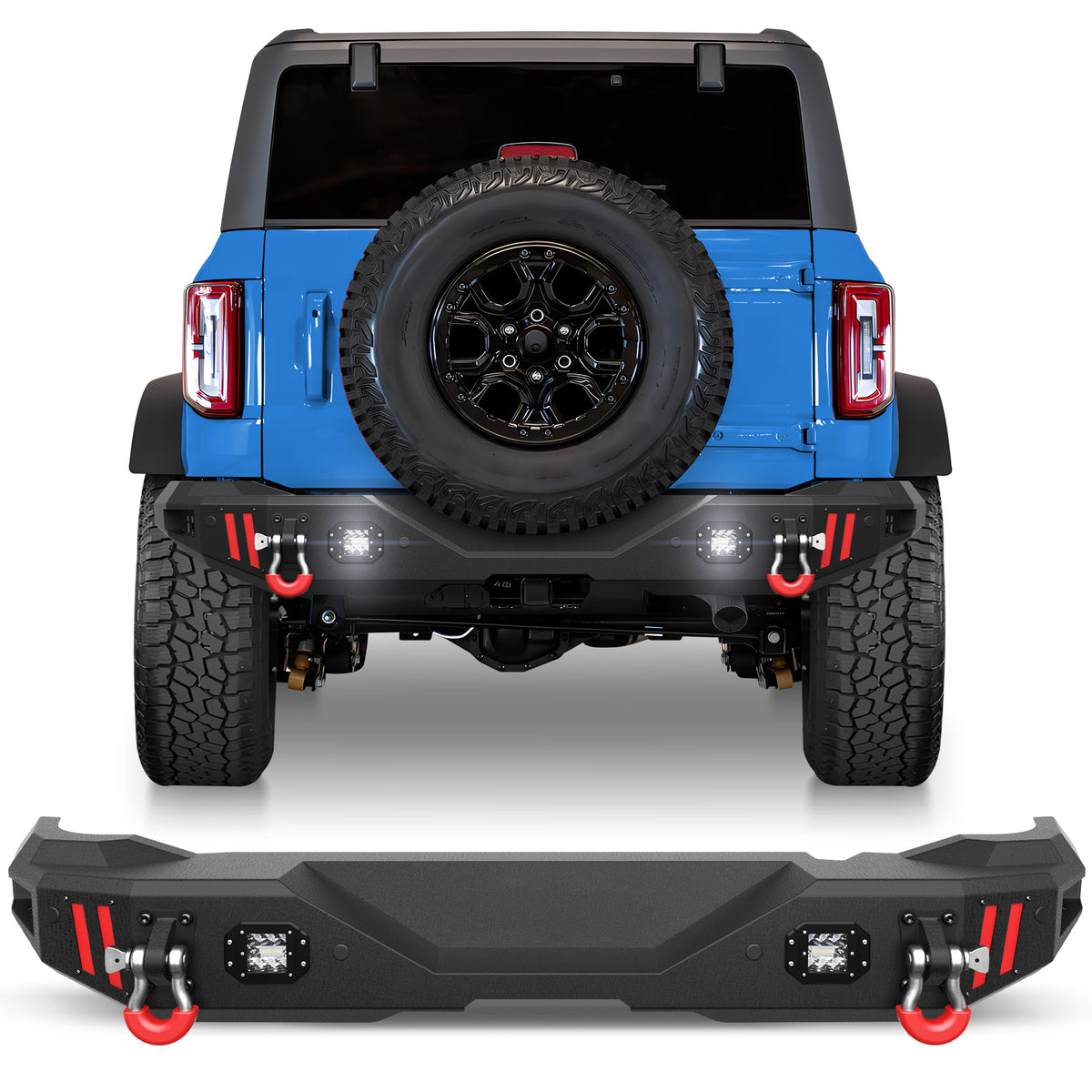 Rear Bumper Compatible with Ford Bronco 2021-2024, Textured Black Pickup Truck Bumper for 2021 2022 2023 2024 Ford Bronco, with Step Plate, Lights & D-rings (Excluding Bronco Sport or Raptor)