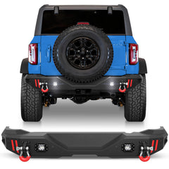 Rear Bumper Compatible with Ford Bronco 2021-2024, Textured Black Pickup Truck Bumper for 2021 2022 2023 2024 Ford Bronco, with Step Plate, Lights & D-rings (Excluding Bronco Sport or Raptor)