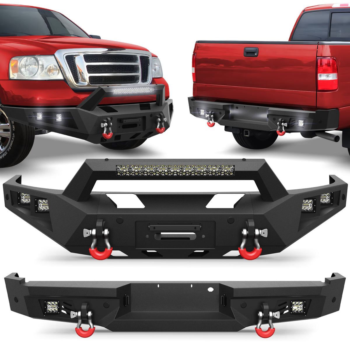 04-08 F150 Front Rear Bumper Set, Full Width Offroad Bumper w/Winch Plate, 144W Light Bar, 6x18w Fog Lights, D-rings, License Plate Bracket for 2004-2008 Ford F150 Truck