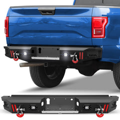 Rear Bumper Compatible with Ford F-150 2015-2023, Textured Black Pickup Truck F150 Bumper with Stainless Steel Step Plate, Lights and D-ring (Excluding Raptor & Ecoboost)