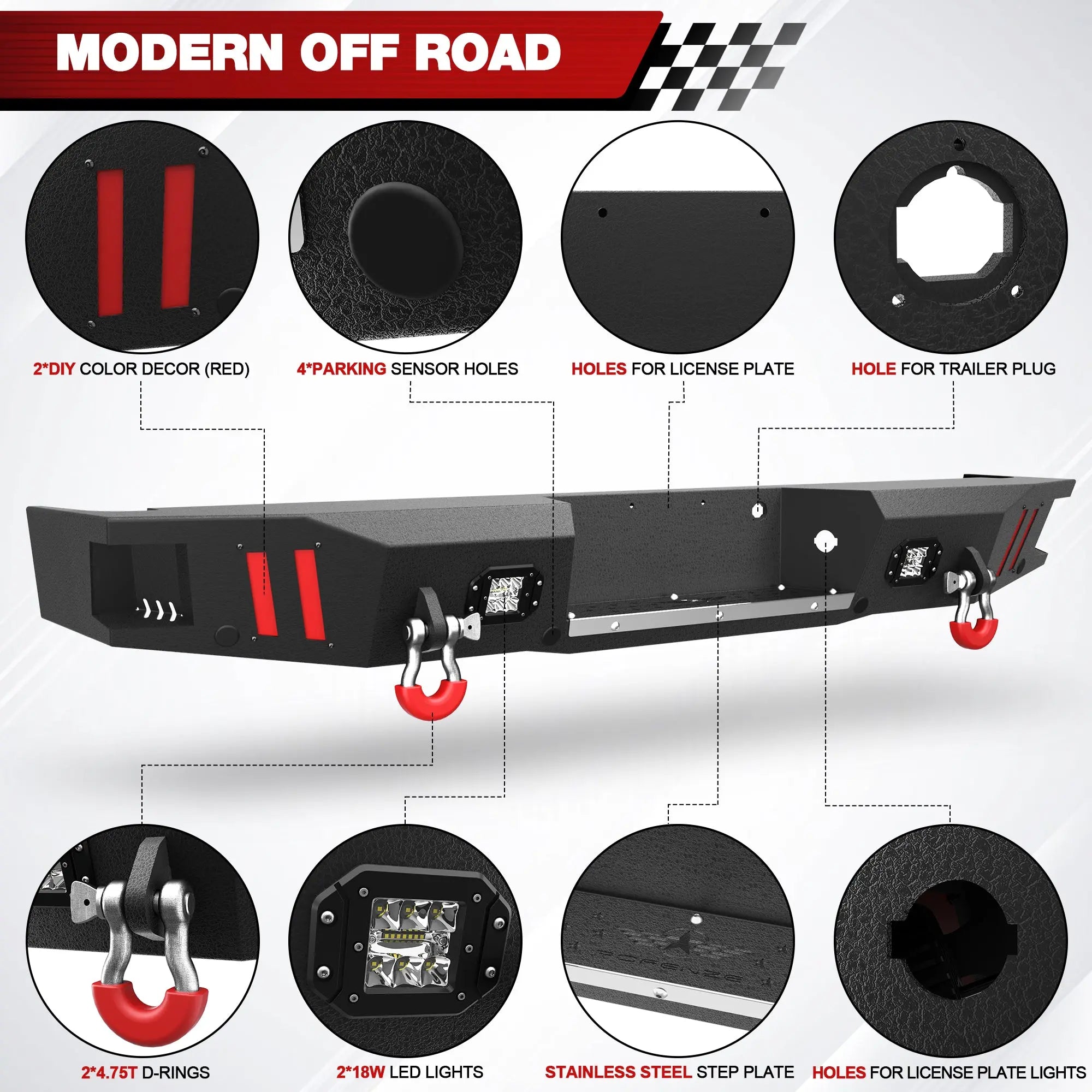 10-14 F150 Front Rear Bumper Set, Full Width Offroad Bumper w/Winch Plate, 144W Light Bar, 6x18w Fog Lights, D-rings, License Plate Bracket for 2010-2014 Ford F150 SVT Raptor Only POFENZE