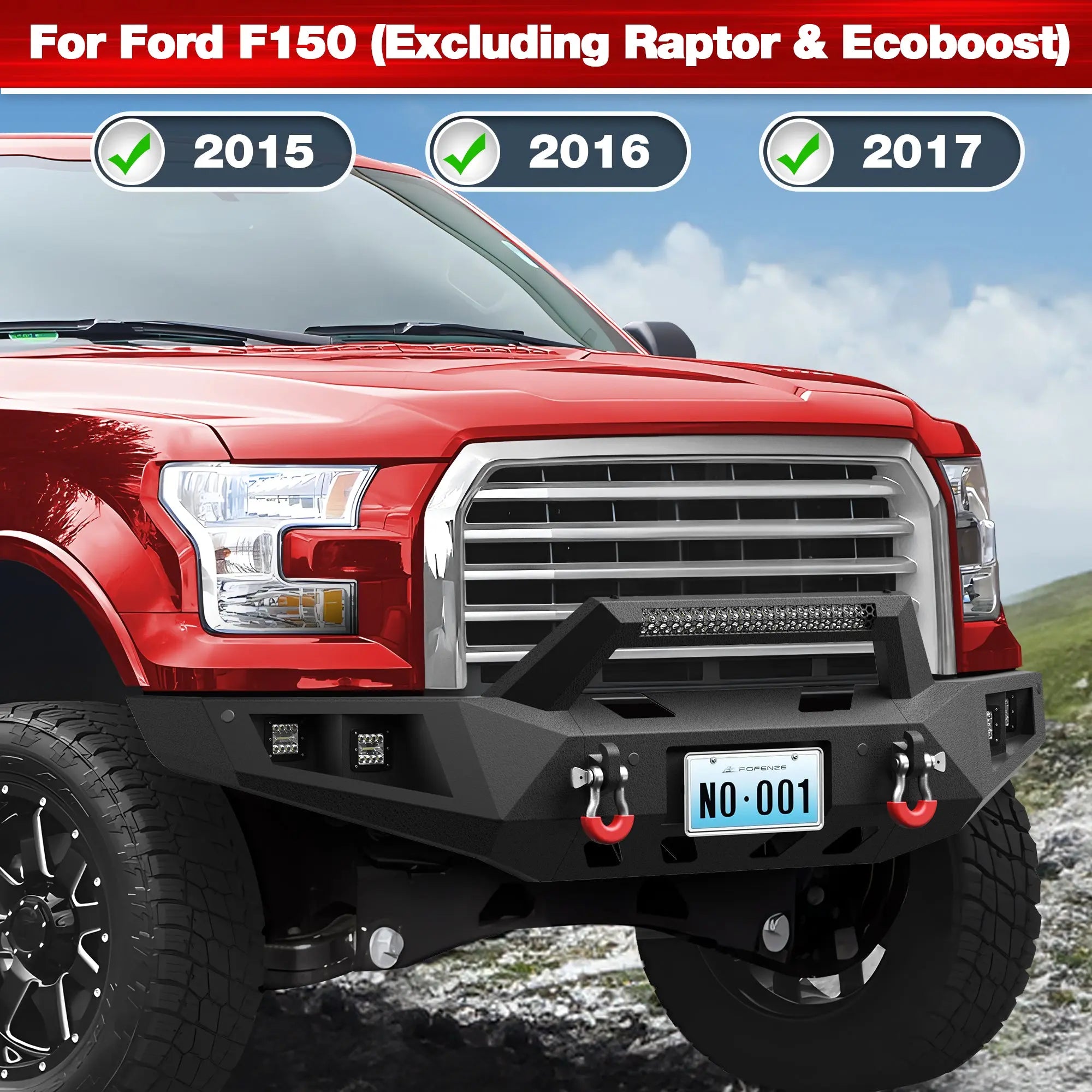 15-17 F150 Front + Rear Bumper, Full Width Offroad Bumper w/Winch Plate, 144W Light Bar, 6x18w Fog Lights, D-rings, License Plate Bracket for 2015-2017 Ford F150 (Excluding Raptor/Ecoboost) POFENZE