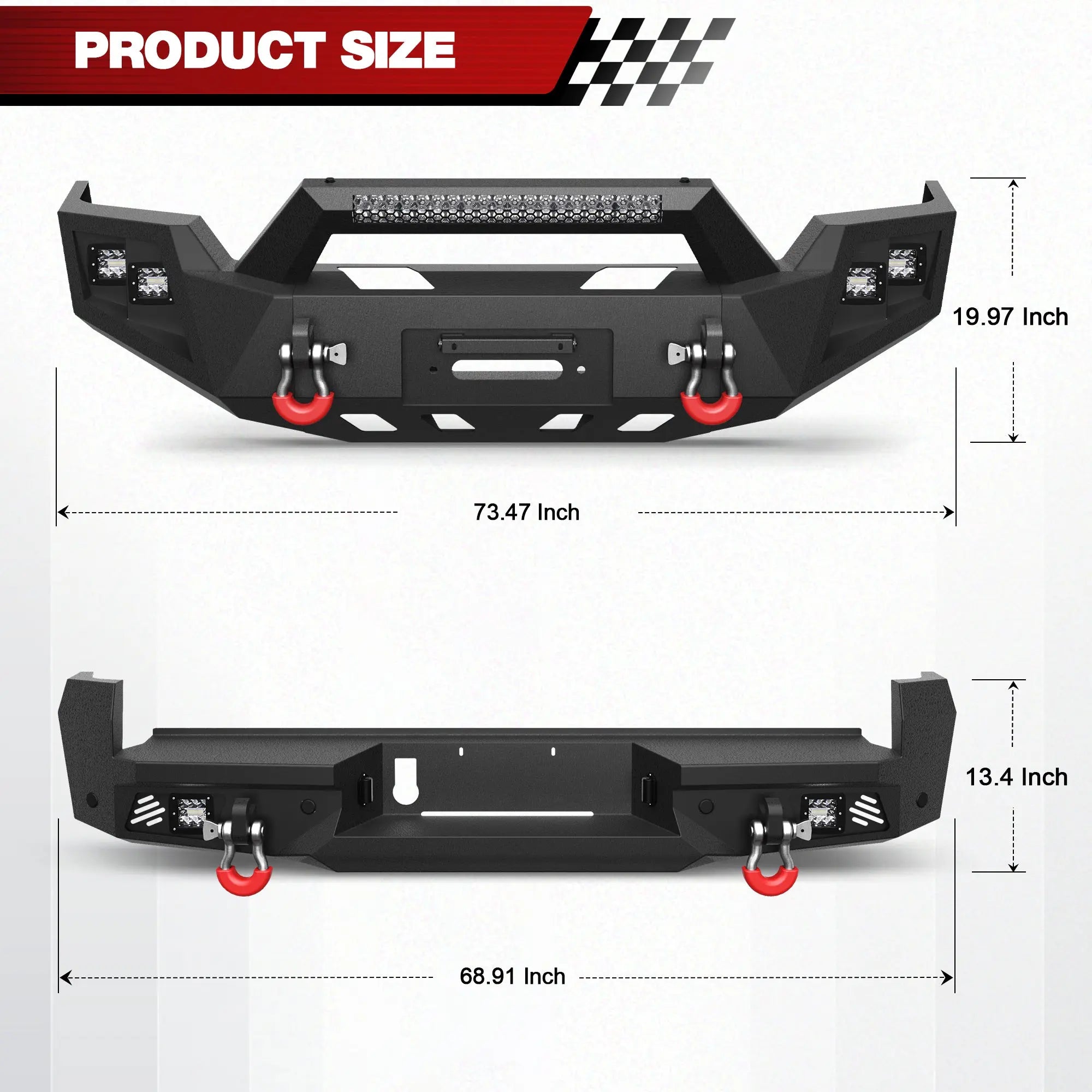 16-23 Tacoma Front and Rear Bumper Set, Long Offroad Bumper w/Winch Plate, 144W Light Bar, 6x18w Fog Lights, D-rings, License Plate Bracket and Lights for 2016-2023 Tacoma 3rd Gen POFENZE