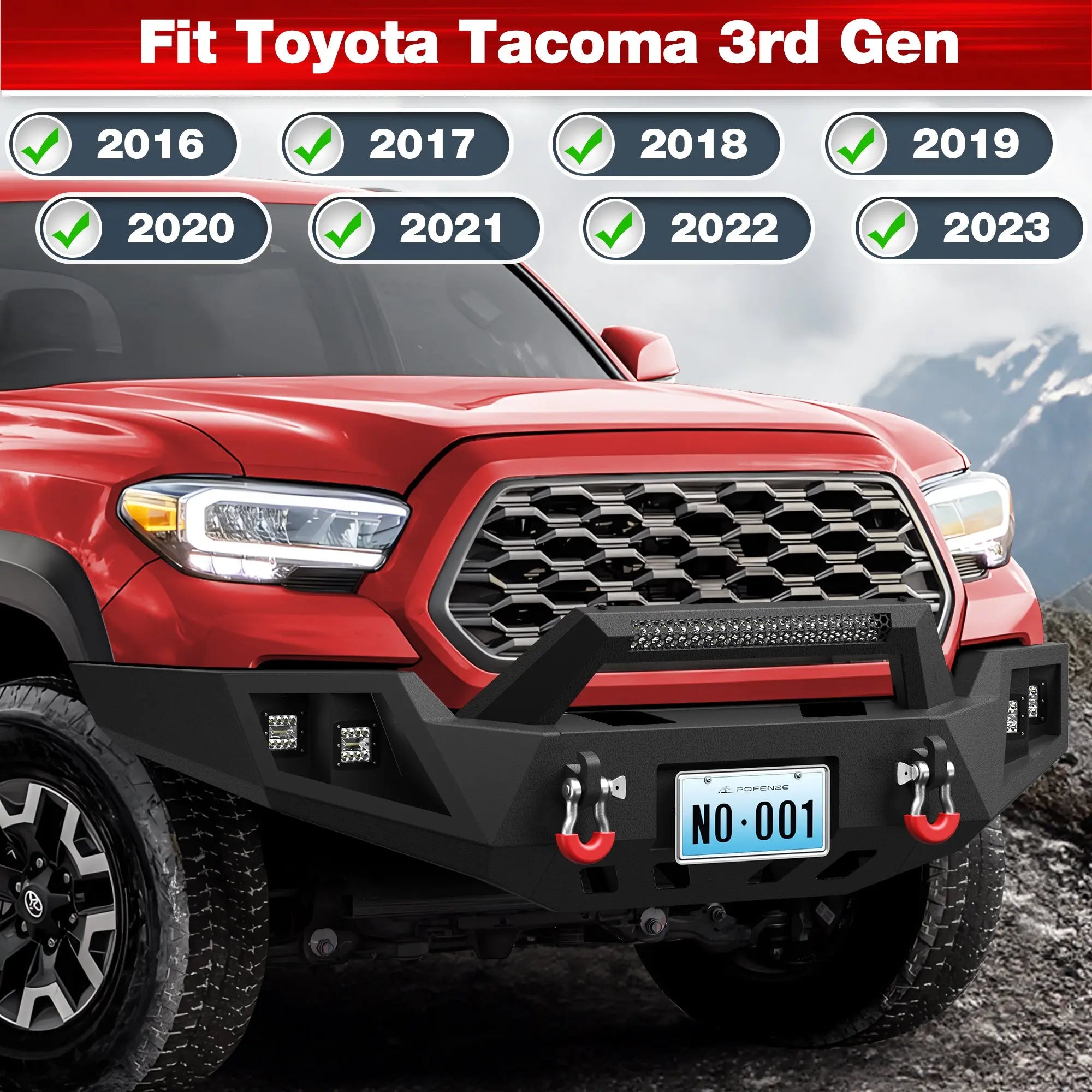 16-23 Tacoma Front and Rear Bumper Set, Long Offroad Bumper w/Winch Plate, 144W Light Bar, 6x18w Fog Lights, D-rings, License Plate Bracket and Lights for 2016-2023 Tacoma 3rd Gen POFENZE