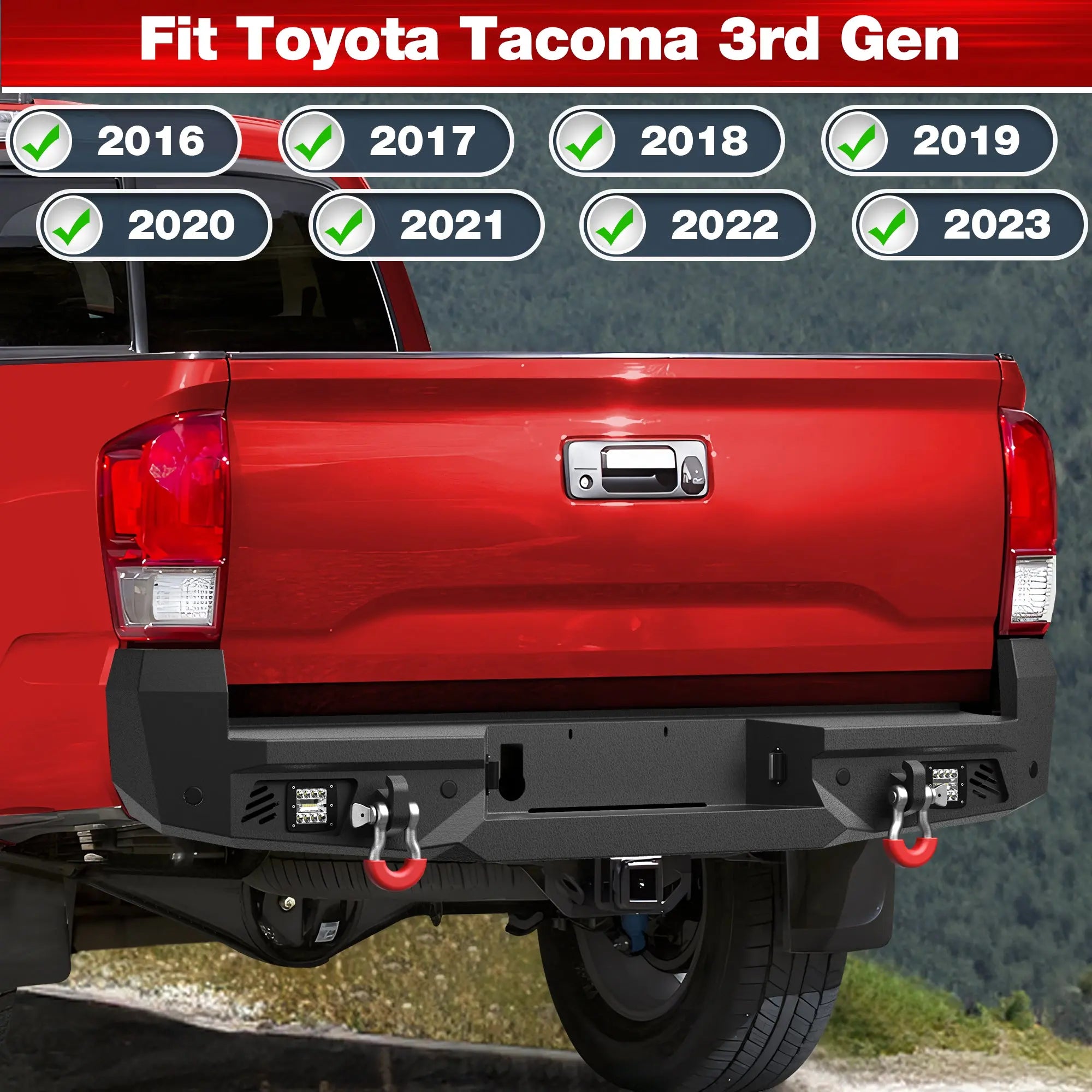 16-23 Tacoma Front and Rear Bumper Set, Long Offroad Bumper w/Winch Plate, 144W Light Bar, 6x18w Fog Lights, D-rings, License Plate Bracket and Lights for 2016-2023 Tacoma 3rd Gen POFENZE