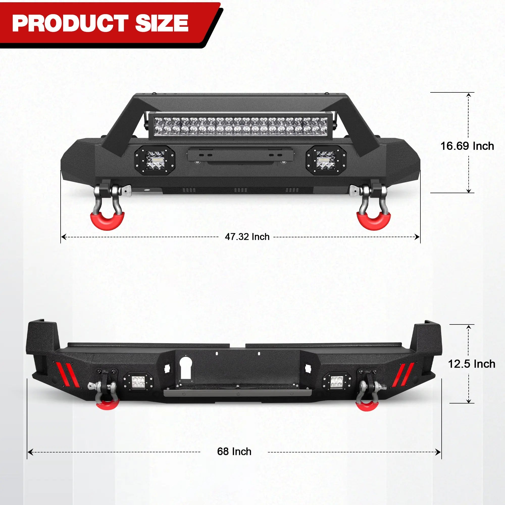 16-23 Tacoma Front and Rear Bumper Set, Stubby Offroad Bumper w/Winch Plate, Skid Plate, 144W Light Bar, 4x18w Fog Lights, D-rings, License Plate Bracket for 2016-2023 Tacoma 3rd Gen POFENZE