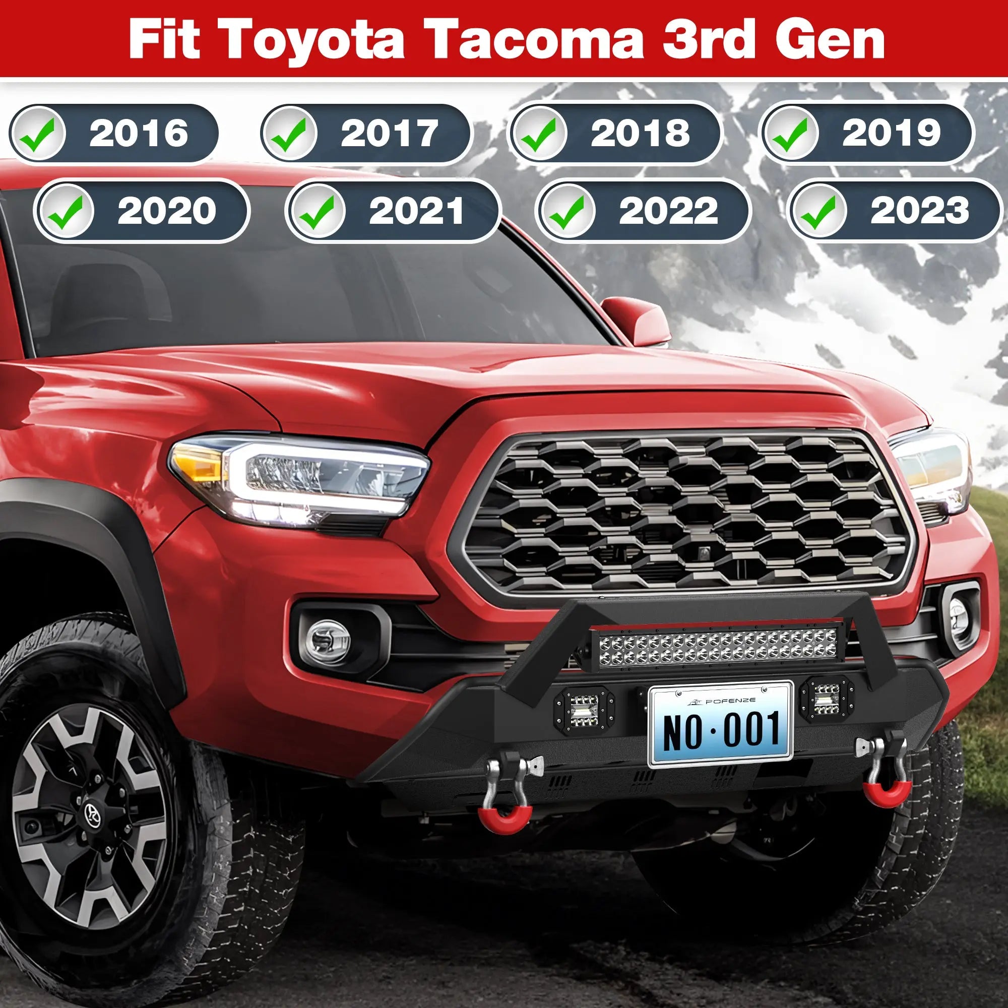 16-23 Tacoma Front and Rear Bumper Set, Stubby Offroad Bumper w/Winch Plate, Skid Plate, 144W Light Bar, 4x18w Fog Lights, D-rings, License Plate Bracket for 2016-2023 Tacoma 3rd Gen POFENZE