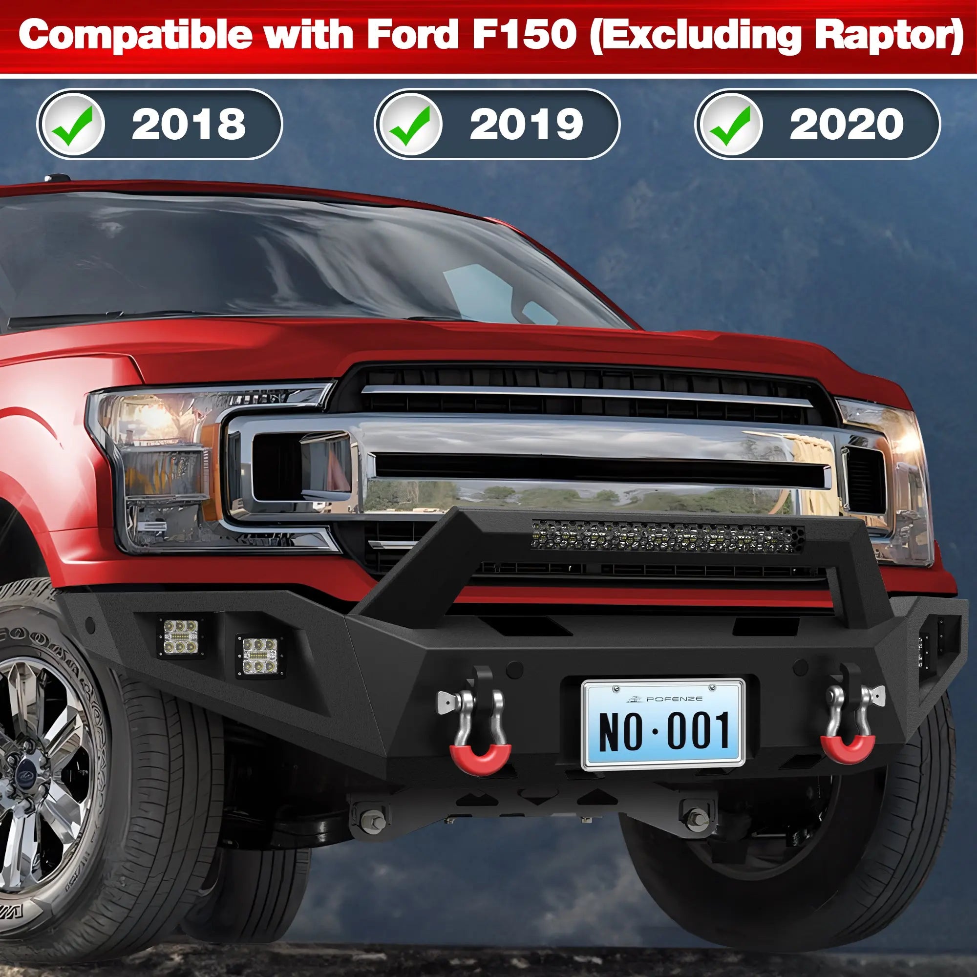 18-20 F150 Front Rear Bumper Set, Full Width Offroad Bumper w/Winch Plate, 144W Light Bar, 6x18w Fog Lights, D-rings, License Plate Bracket for 2018-2020 Ford F150 Truck (Excluding Raptor) POFENZE