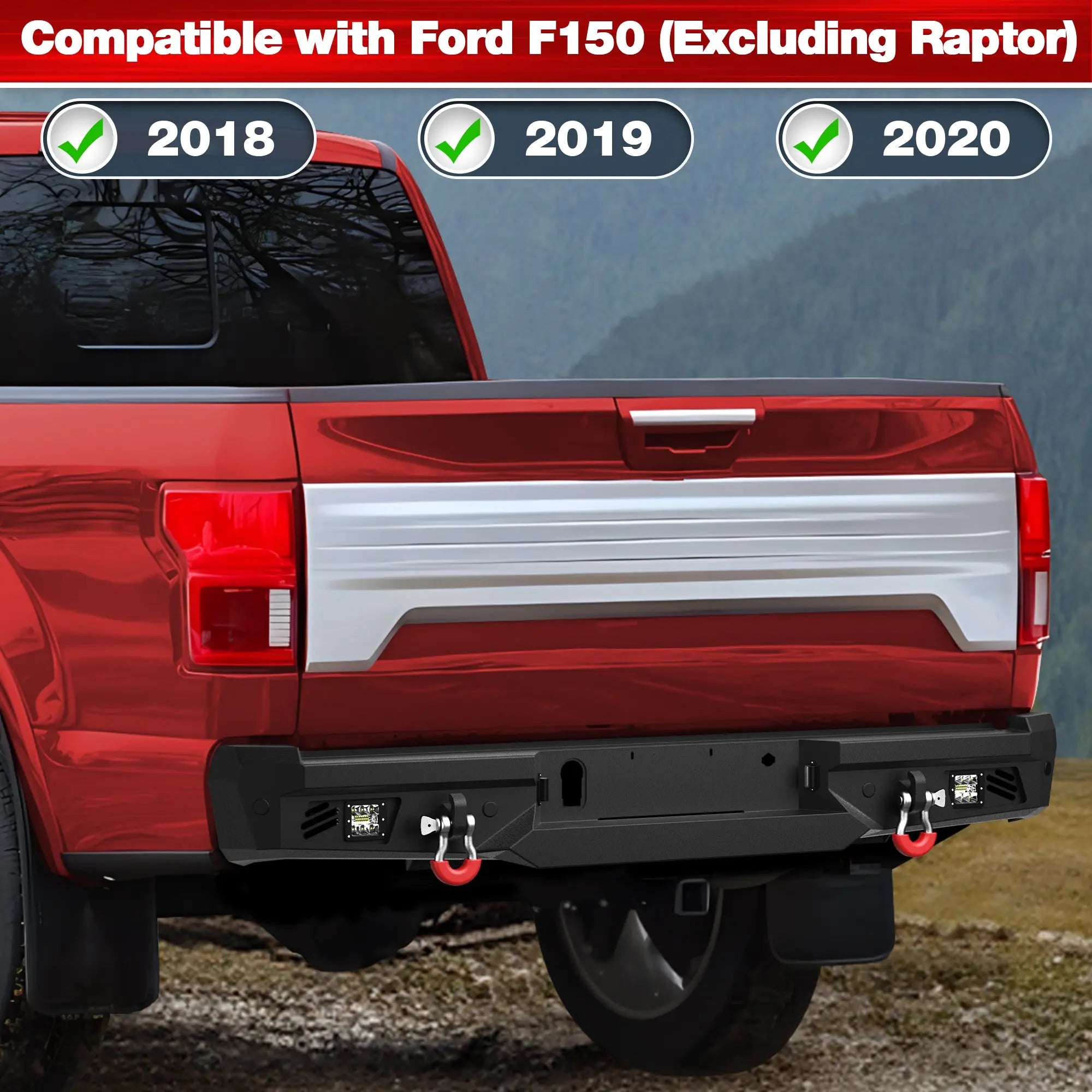 18-20 F150 Front Rear Bumper Set, Full Width Offroad Bumper w/Winch Plate, 144W Light Bar, 6x18w Fog Lights, D-rings, License Plate Bracket for 2018-2020 Ford F150 Truck (Excluding Raptor) POFENZE