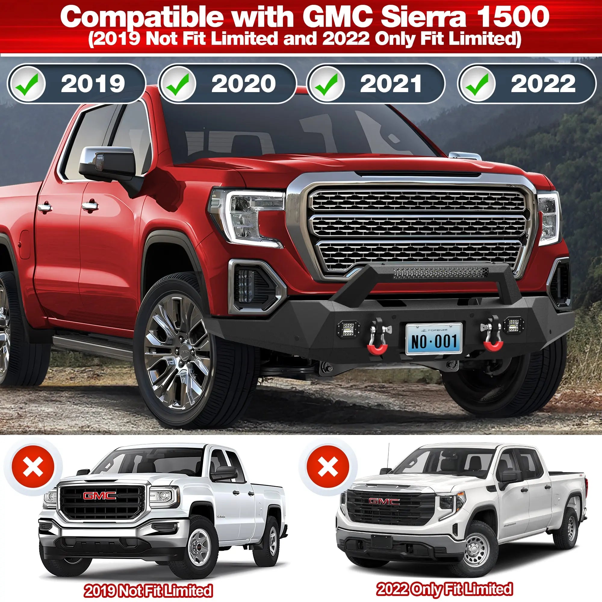 19-22 GMC Sierra Front and Rear Bumper Combo, Full Width Offroad Bumpers for 2019-2022 GMC Sierra 1500 (2019 Not Fit Limited and 2022 Only Fit Limited) POFENZE