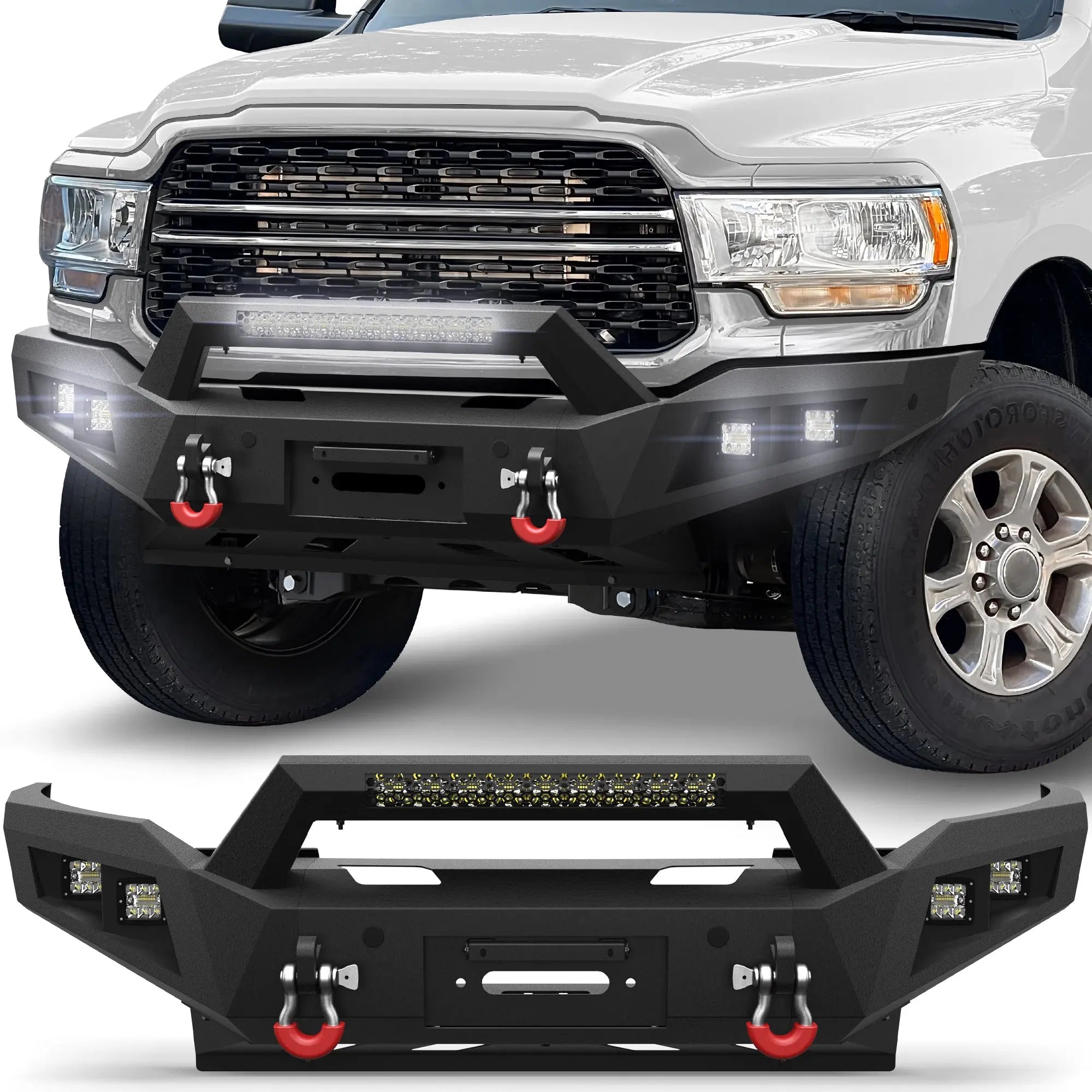 19-24 Ram 2500 Front Bumper Full Width Offroad Bumper w/Winch Plate, 144W Light Bar, 4x18w Lights, D-rings, License Plate Bracket for 2019-2024 Dodge Ram 2500/3500 Pickup Truck POFENZE