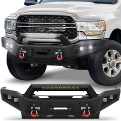 19-24 Ram 2500 Front Bumper Full Width Offroad Bumper w/Winch Plate, 144W Light Bar, 4x18w Lights, D-rings, License Plate Bracket for 2019-2024 Dodge Ram 2500/3500 Pickup Truck POFENZE