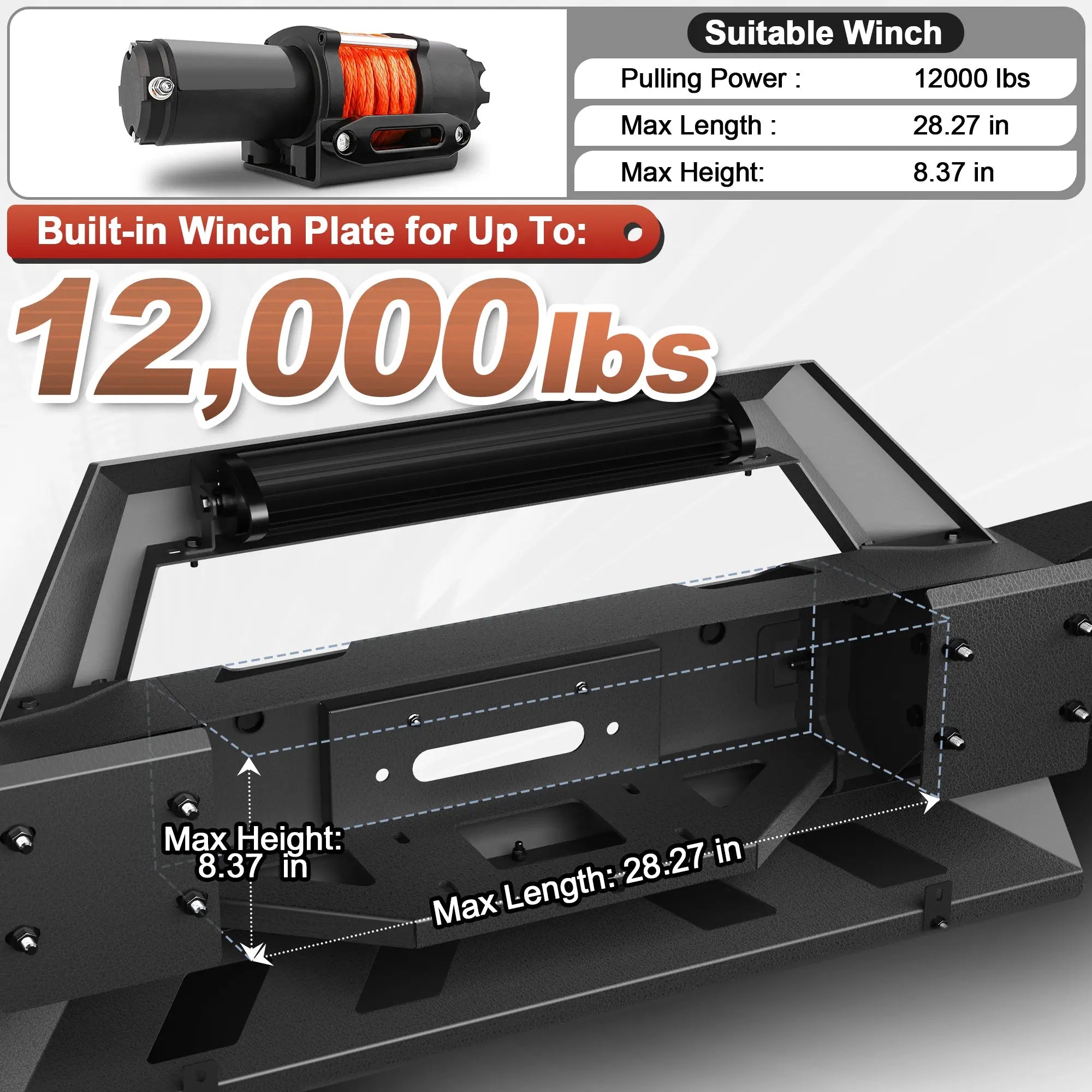 19-24 Ram 2500 Front Bumper Full Width Offroad Bumper w/Winch Plate, 144W Light Bar, 4x18w Lights, D-rings, License Plate Bracket for 2019-2024 Dodge Ram 2500/3500 Pickup Truck POFENZE
