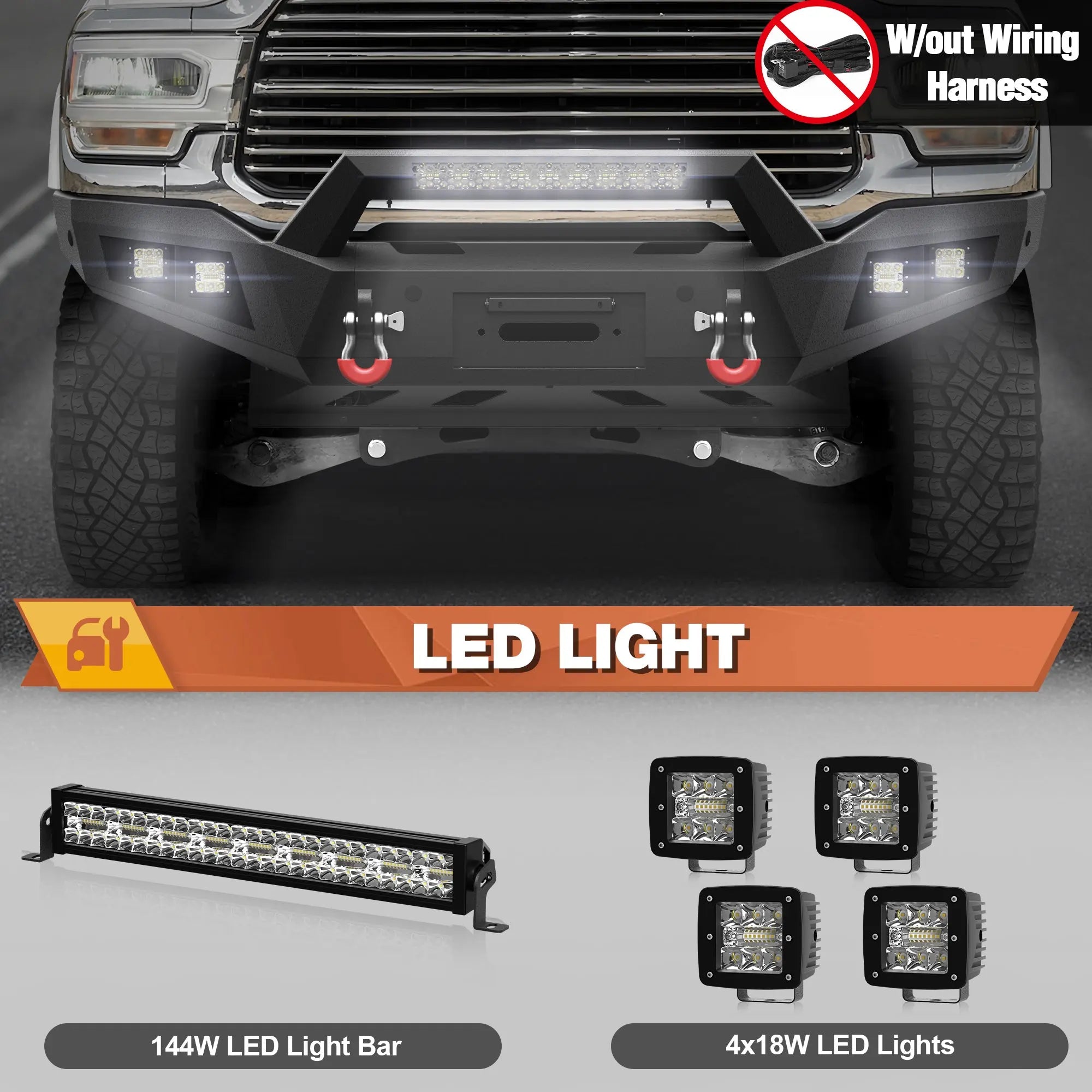 19-24 Ram 2500 Front Bumper Full Width Offroad Bumper w/Winch Plate, 144W Light Bar, 4x18w Lights, D-rings, License Plate Bracket for 2019-2024 Dodge Ram 2500/3500 Pickup Truck POFENZE