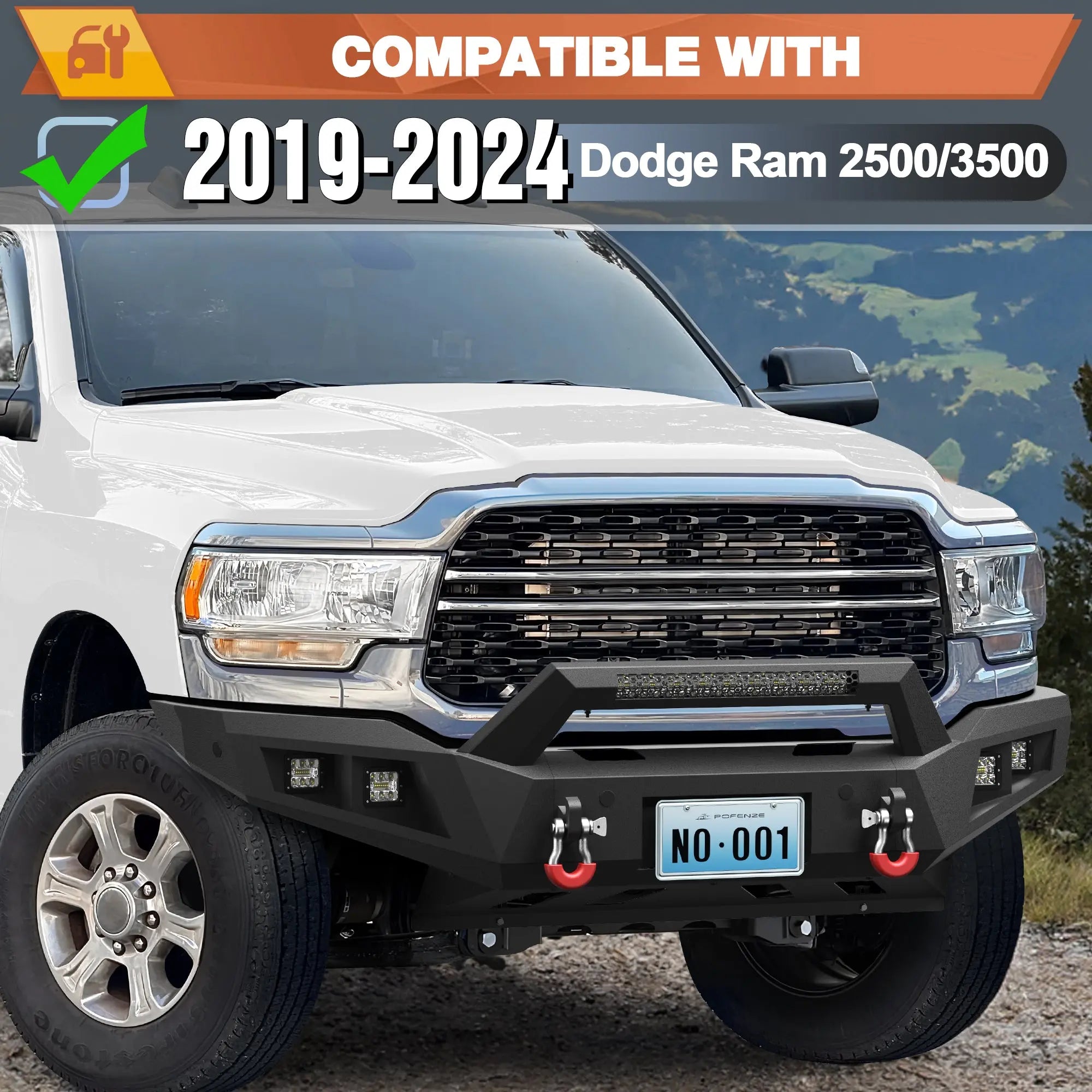 19-24 Ram 2500 Front Bumper Full Width Offroad Bumper w/Winch Plate, 144W Light Bar, 4x18w Lights, D-rings, License Plate Bracket for 2019-2024 Dodge Ram 2500/3500 Pickup Truck POFENZE