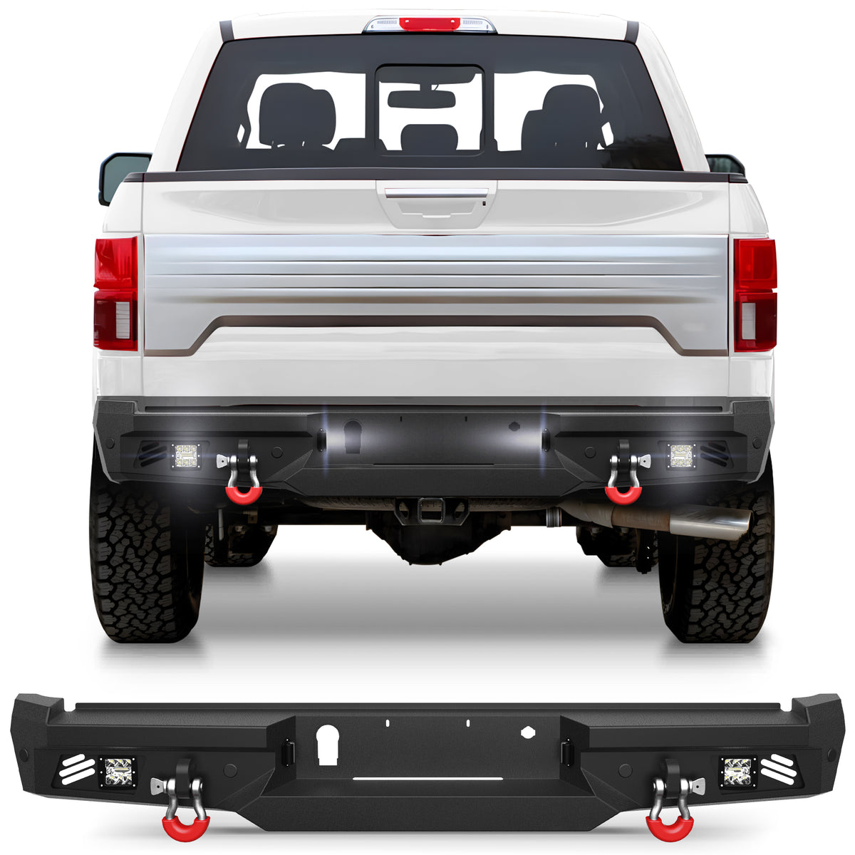 Rear Bumper for 2018-2020 Ford F150 Pickup Trucks Full Width Offroad Bumper w/Step Plate, 2x18w Lights, D-rings, License Plate Lights (Excluding Raptor)