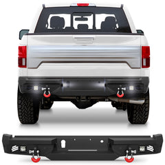 Rear Bumper for 2018-2020 Ford F150 Pickup Trucks Full Width Offroad Bumper w/Step Plate, 2x18w Lights, D-rings, License Plate Lights (Excluding Raptor)