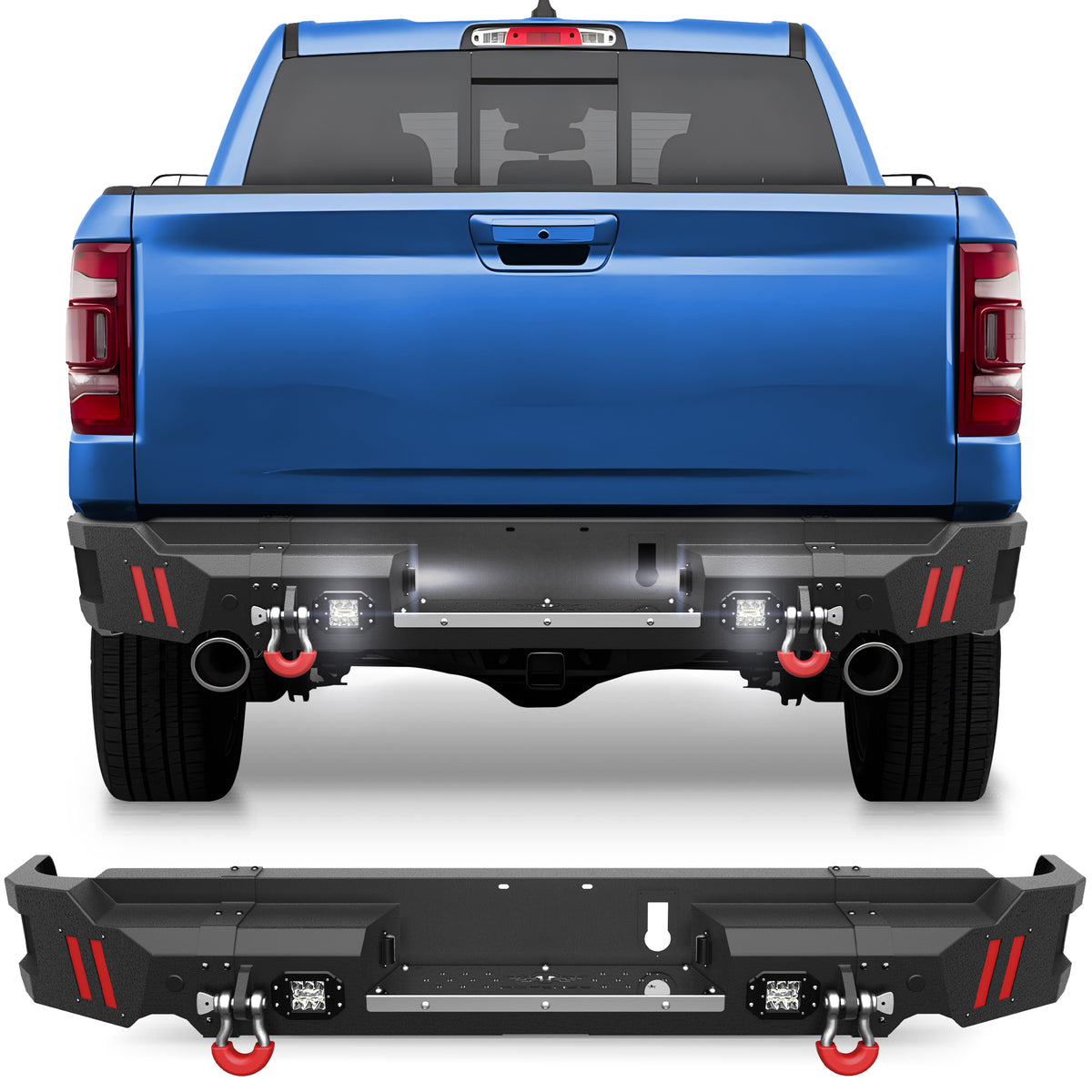 Rear Bumper Compatible with Ram 1500 2019-2024, Textured Black Pickup Truck Bumper for Ram 1500, with Step Plate, Lights, Sensor Holes and D-rings (Exclude Classic)