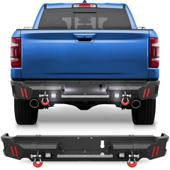 Rear Bumper Compatible with Ram 1500 2019-2024, Textured Black Pickup Truck Bumper for Ram 1500, with Step Plate, Lights, Sensor Holes and D-rings (Exclude Classic)