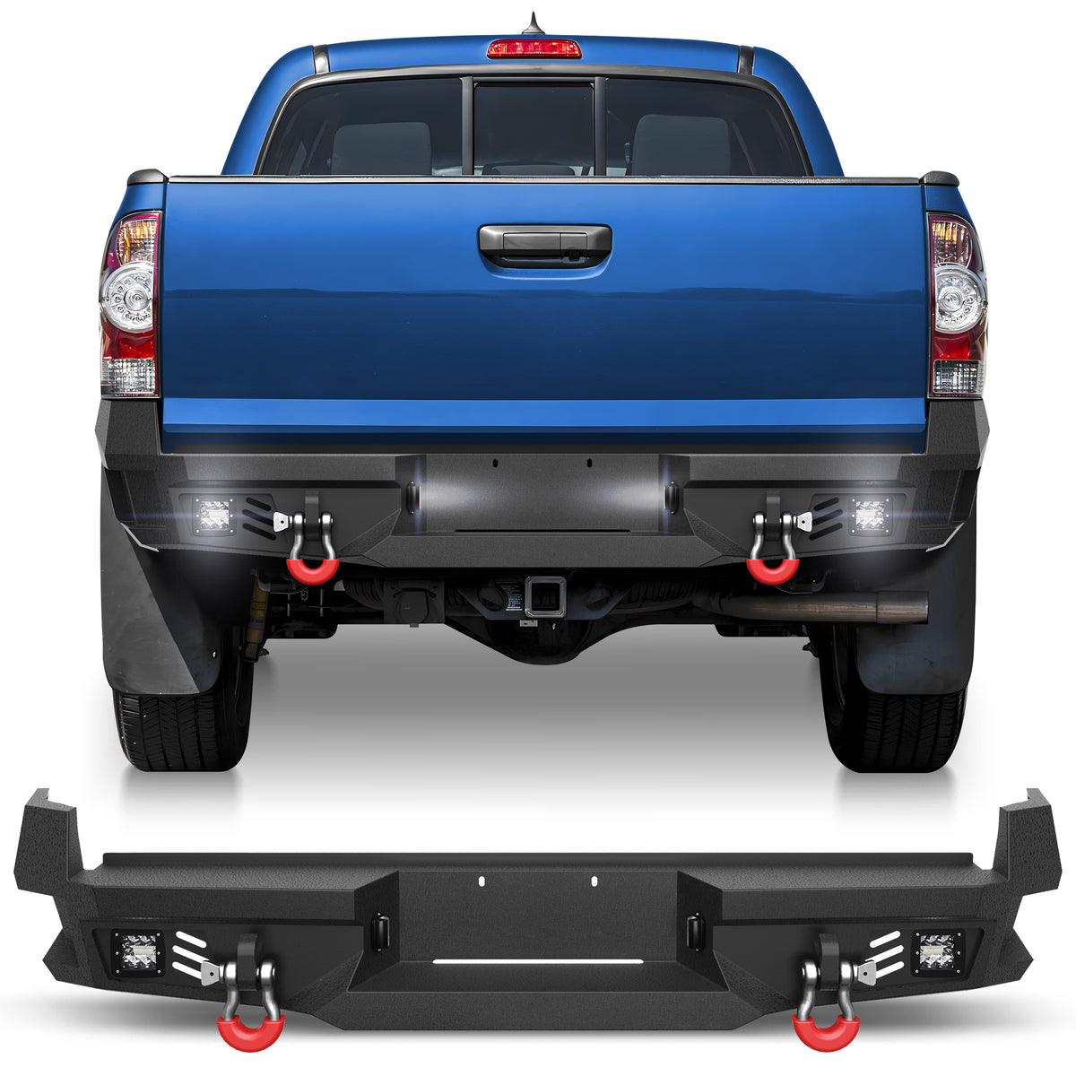 Rear Bumper for 2005-2015 Tacoma 2nd Gen Full Width Offroad Bumper w/Step Plate, 2x18w Lights, D-rings, License Plate Lights Pickup Trucks
