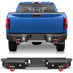 Rear Bumper Compatible with Ford F-150 2015-2023, Textured Black Pickup Truck F150 Bumper with Stainless Steel Step Plate, Lights and D-ring (Excluding Raptor & Ecoboost)
