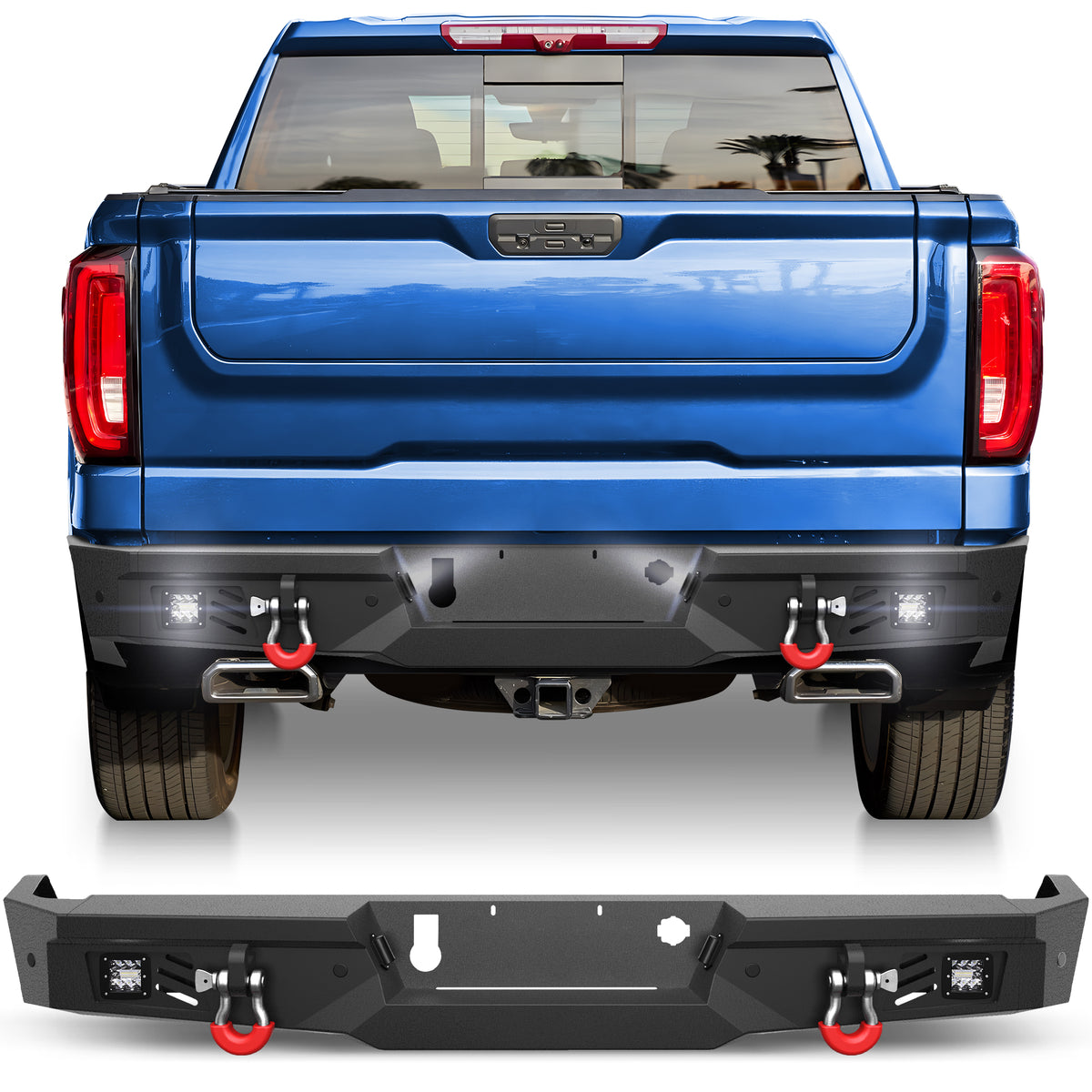 Rear Bumper for 2019-2024 Chevy Silverado/GMC Sierra 1500 Full Width Offroad Bumper w/Step Plate, 2x18w Lights, D-rings, License Plate Lights for 2019-2024 Chevy Silverado and GMC Sierra 1500 Trucks