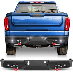 Rear Bumper for 2019-2024 Chevy Silverado/GMC Sierra 1500 Full Width Offroad Bumper w/Step Plate, 2x18w Lights, D-rings, License Plate Lights for 2019-2024 Chevy Silverado and GMC Sierra 1500 Trucks