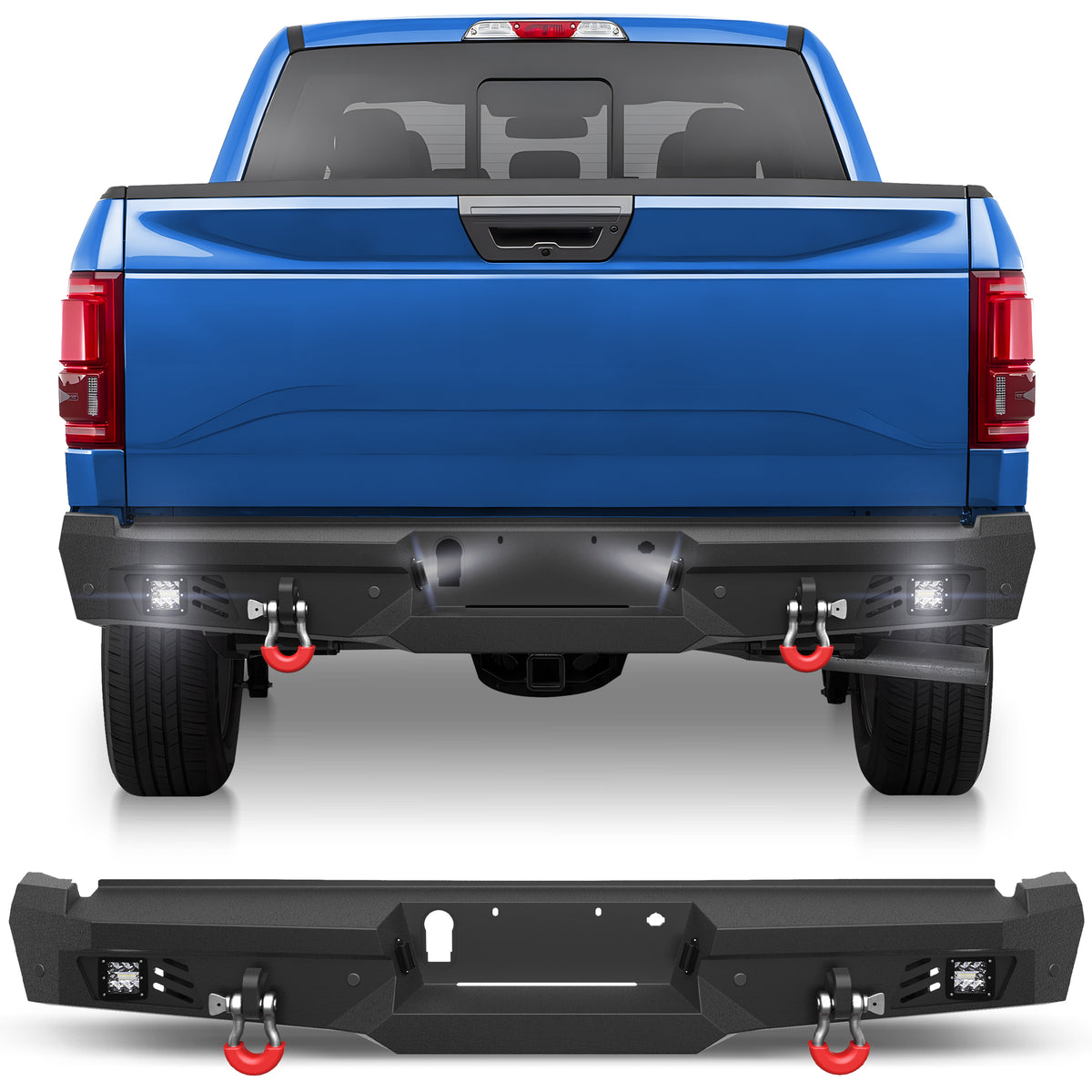 F150 Rear Bumper for 2015-2023 Ford F150 Pickup, w/Step Plate, Fog Lights, License Plate Lights and D-rings (Excluding Raptor & Ecoboost)