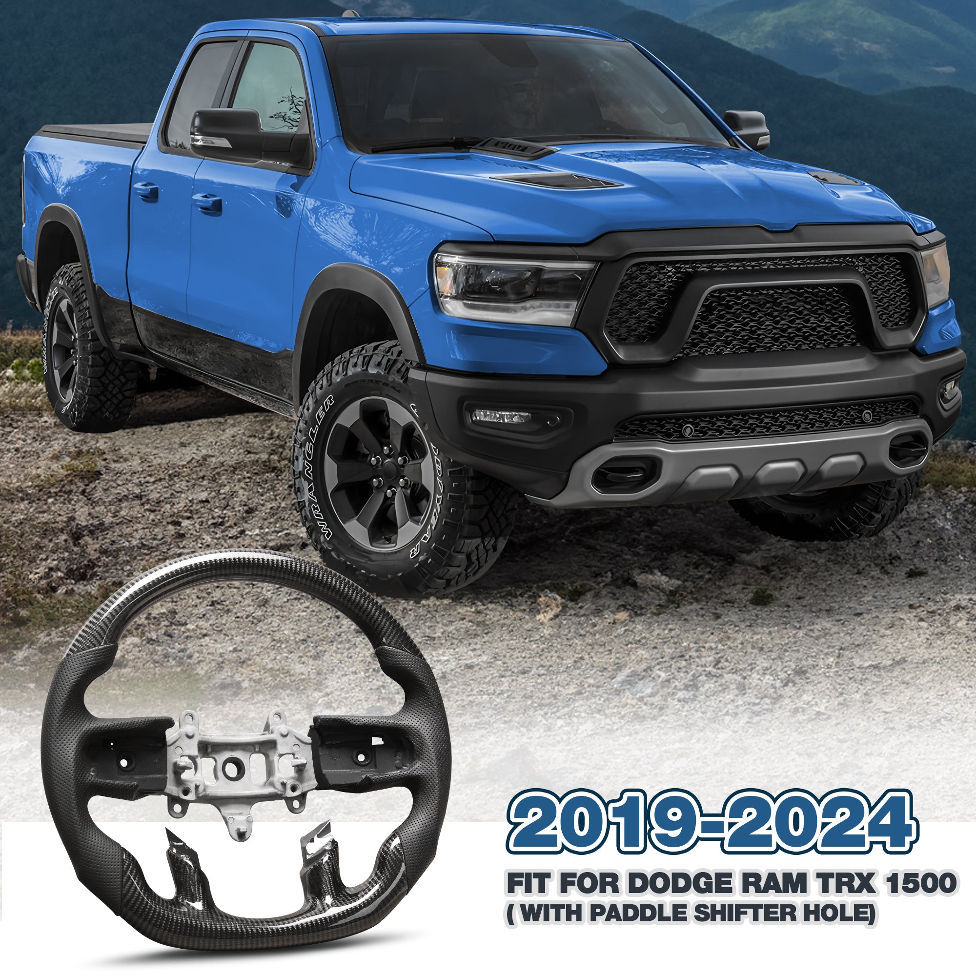 Real Carbon Fiber Steering Wheel For Dodge Ram TRX 1500 2019-2024 with Paddle Shifter hole Nappa Perforated Leather D-shaped Flat-bottom Steering Wheel Grip Hand-Stitched
