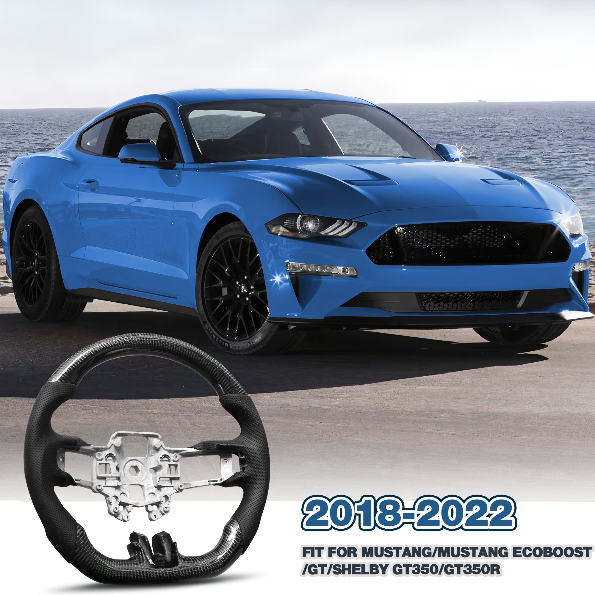 Carbon Fiber Steering Wheel for Mustang 2018-2022 Nappa Perforated Leather with Hand Stitching D-shaped Custom Steering Wheel for Mustang EcoBoost/GT for Shelby GT350/GT350R