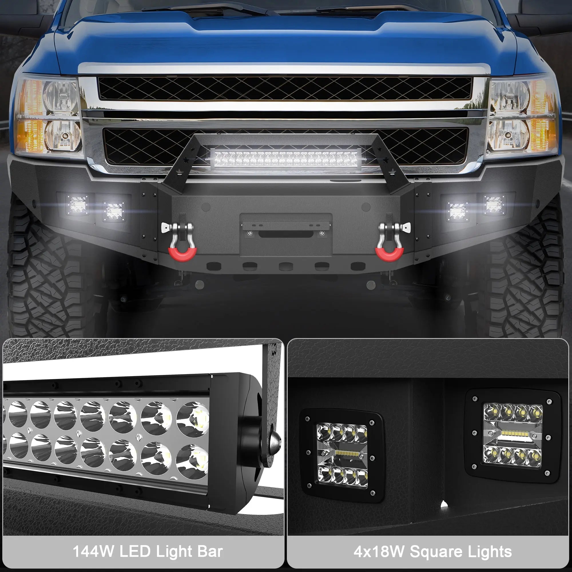 2011-2014 Chevy Silverado 2500/3500 Front Bumper Full Width Offroad Bumper w/Winch Plate, 144W Light Bar, 4x18w Lights, D-rings, License Plate Bracket POFENZE