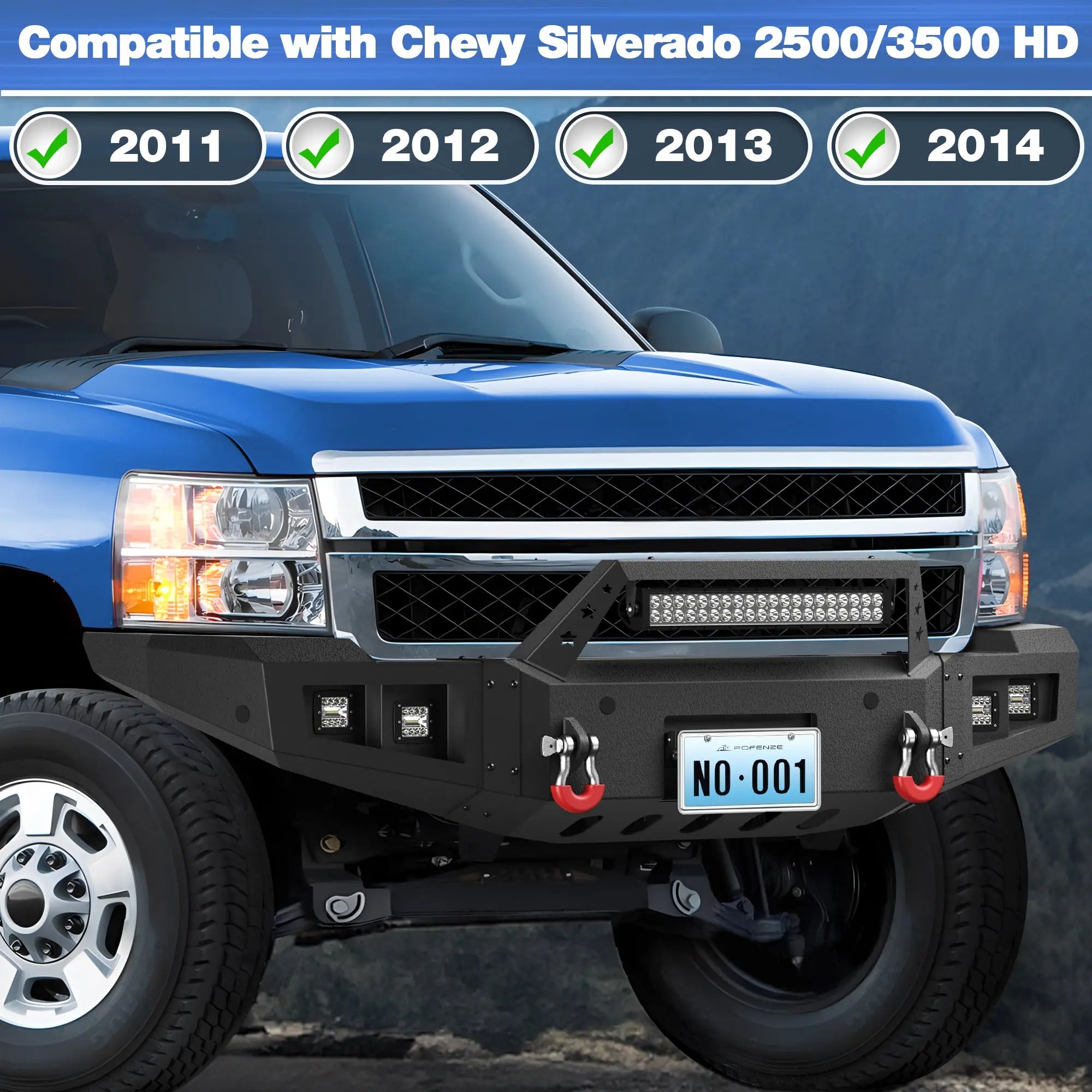 2011-2014 Chevy Silverado 2500/3500 Front Bumper Full Width Offroad Bumper w/Winch Plate, 144W Light Bar, 4x18w Lights, D-rings, License Plate Bracket POFENZE