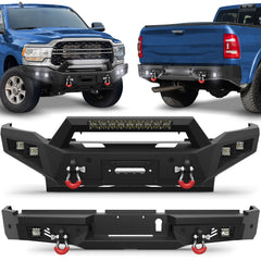 Front & Rear Bumper Combo for 2019-2026 Ram 2500 & 3500 | Heavy-Duty Steel Bumper Set with Winch Plate, Lights, D-Rings & Rear Step