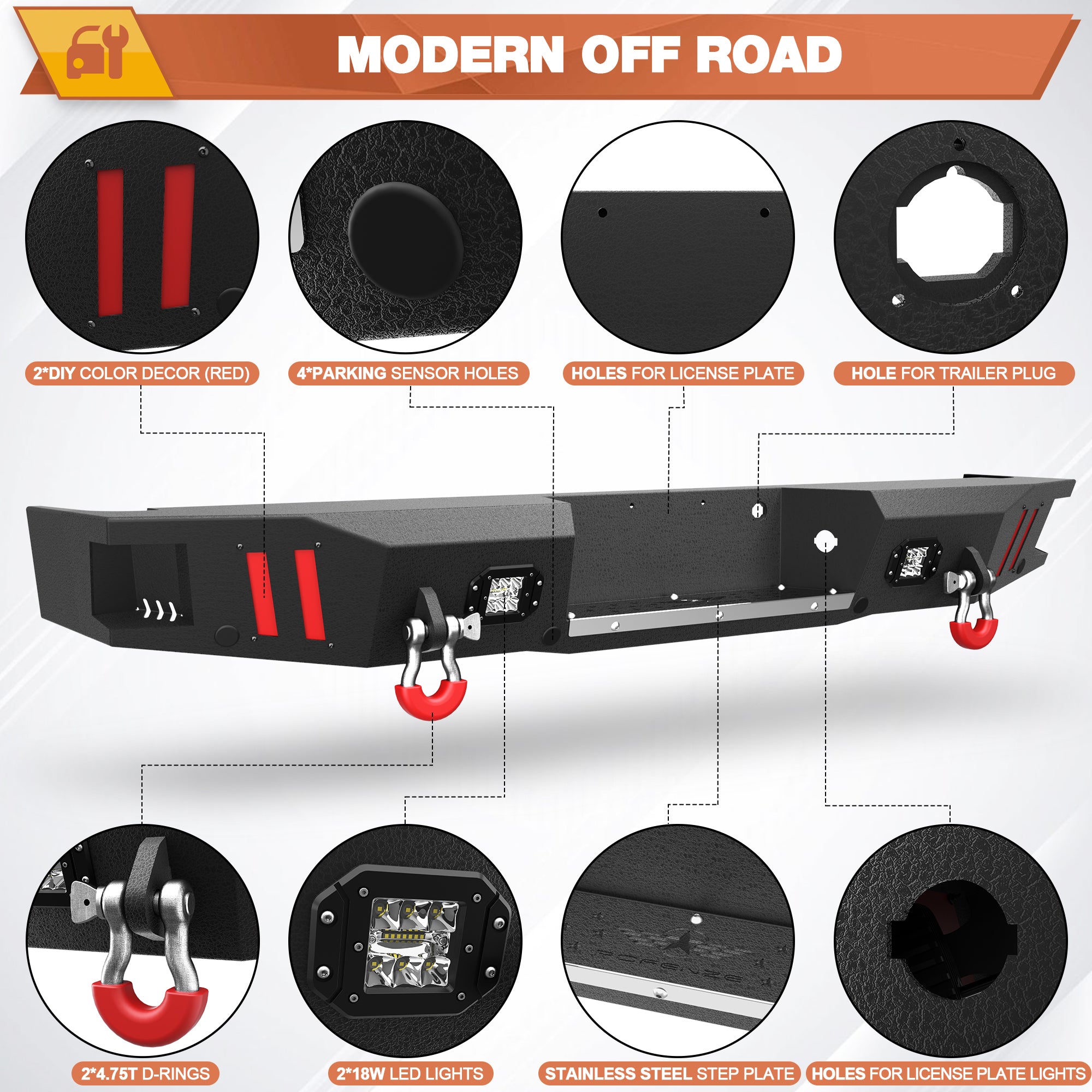 Rear Bumper for 2010-2014 Ford F150 SVT Raptor Full Width Offroad Bumper w/Step Plate, 2x18w Lights, D-rings&nbsp;