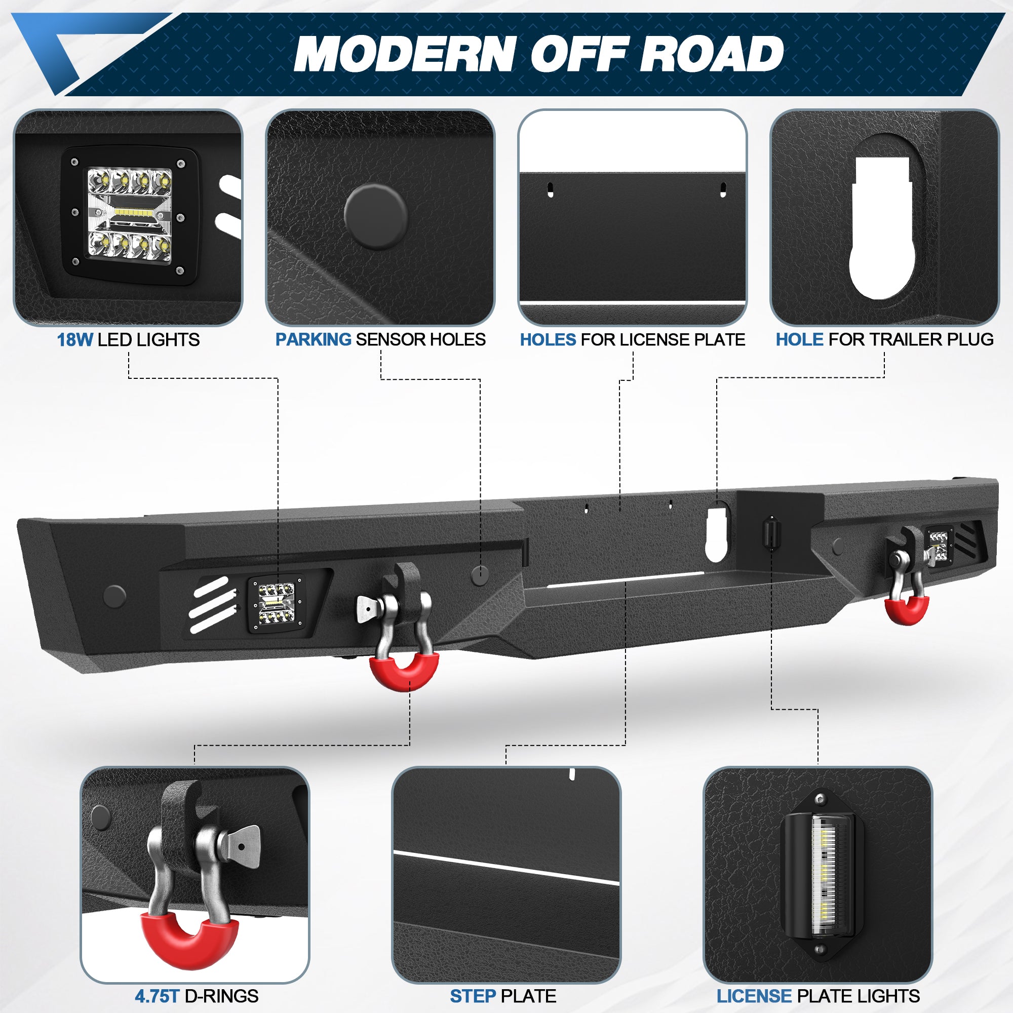 Titan Rear Bumper Full Width for 2016-2024 Nissan Titan, w/Step Plate, Fog Lights, License Plate Lights and D-rings (Not Fit Intelligent Radar Sensors)