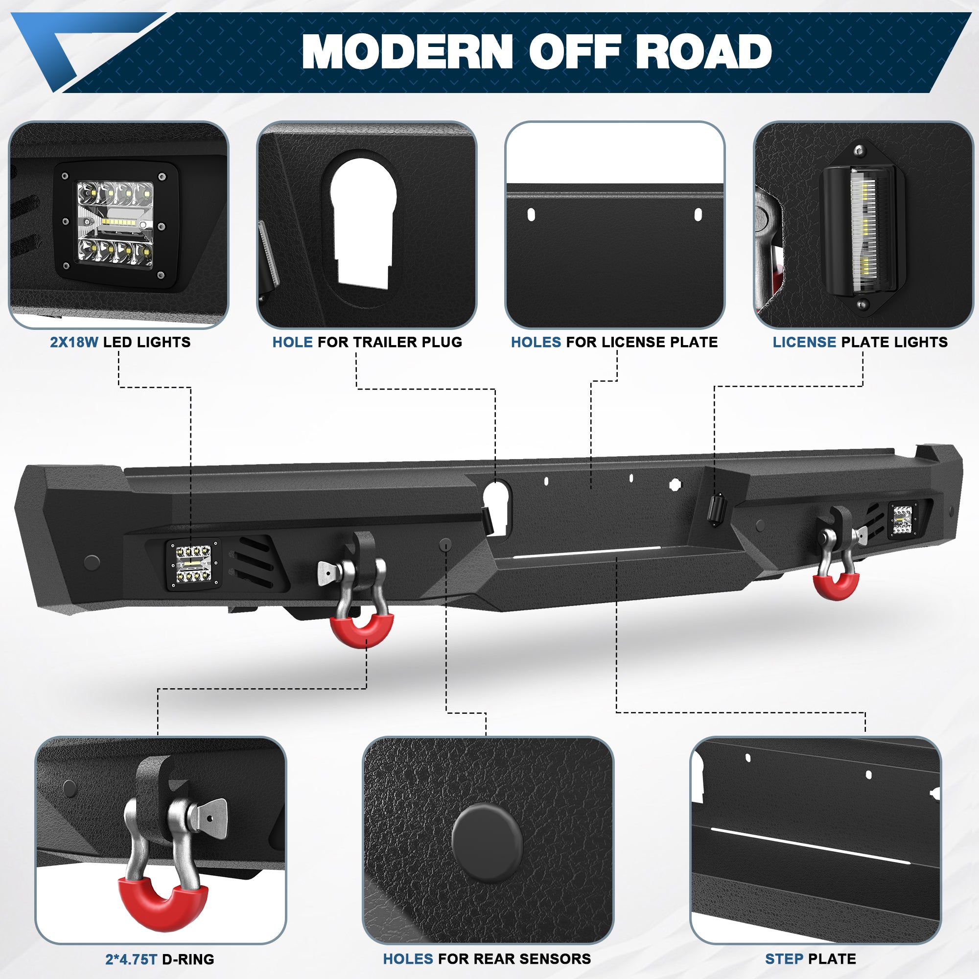 F150 Rear Bumper for 2015-2023 Ford F150 Pickup, w/Step Plate, Fog Lights, License Plate Lights and D-rings (Excluding Raptor & Ecoboost)