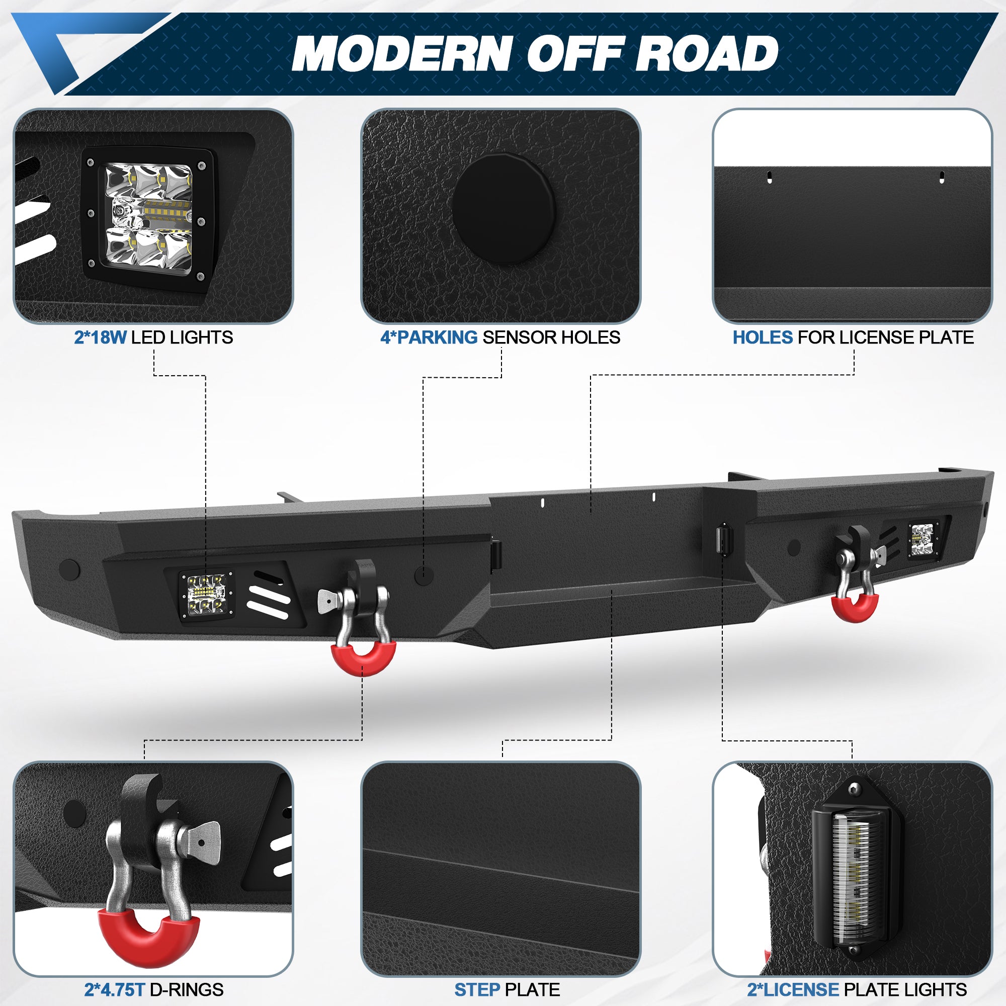 Rear Bumper Full Width for 2017-2022 Ford F250/F350/F450, Textured Black Bumper with 2x18W LED Lights & Sensor Holes & D-Rings