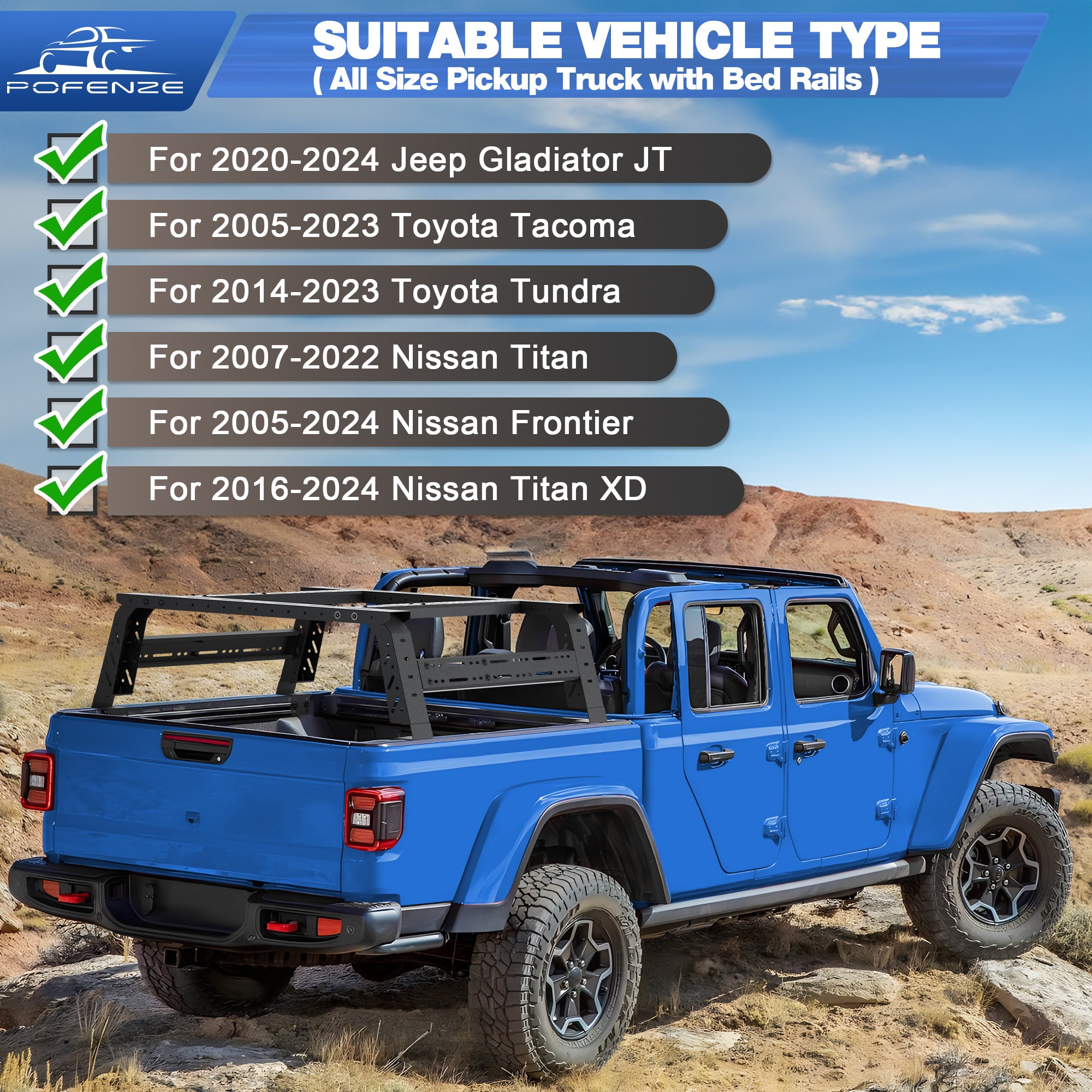 Adjustable 49.2"-70.8" Length Truck Bed Rack for Mid Size & Full Size Trucks with Bed Rails Overlanding Bed Rack Compatible for Toyota Tacoma/Tundra, Jeep Gladiator JT, Titan, Frontier