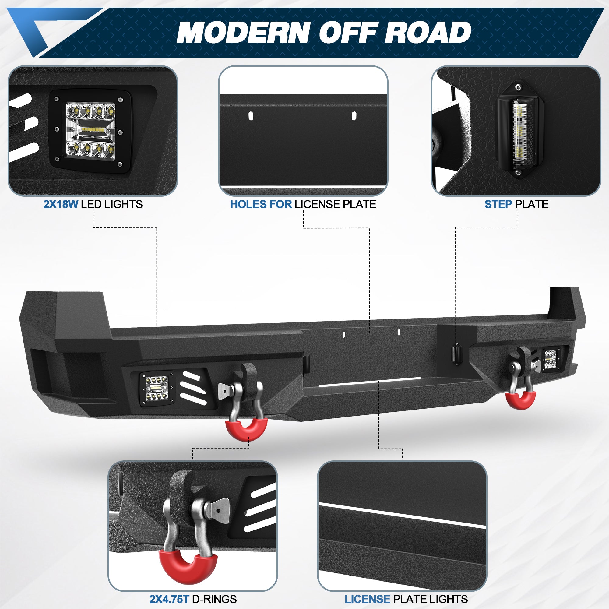 Rear Bumper for 2005-2015 Tacoma 2nd Gen Full Width Offroad Bumper w/Step Plate, 2x18w Lights, D-rings, License Plate Lights Pickup Trucks