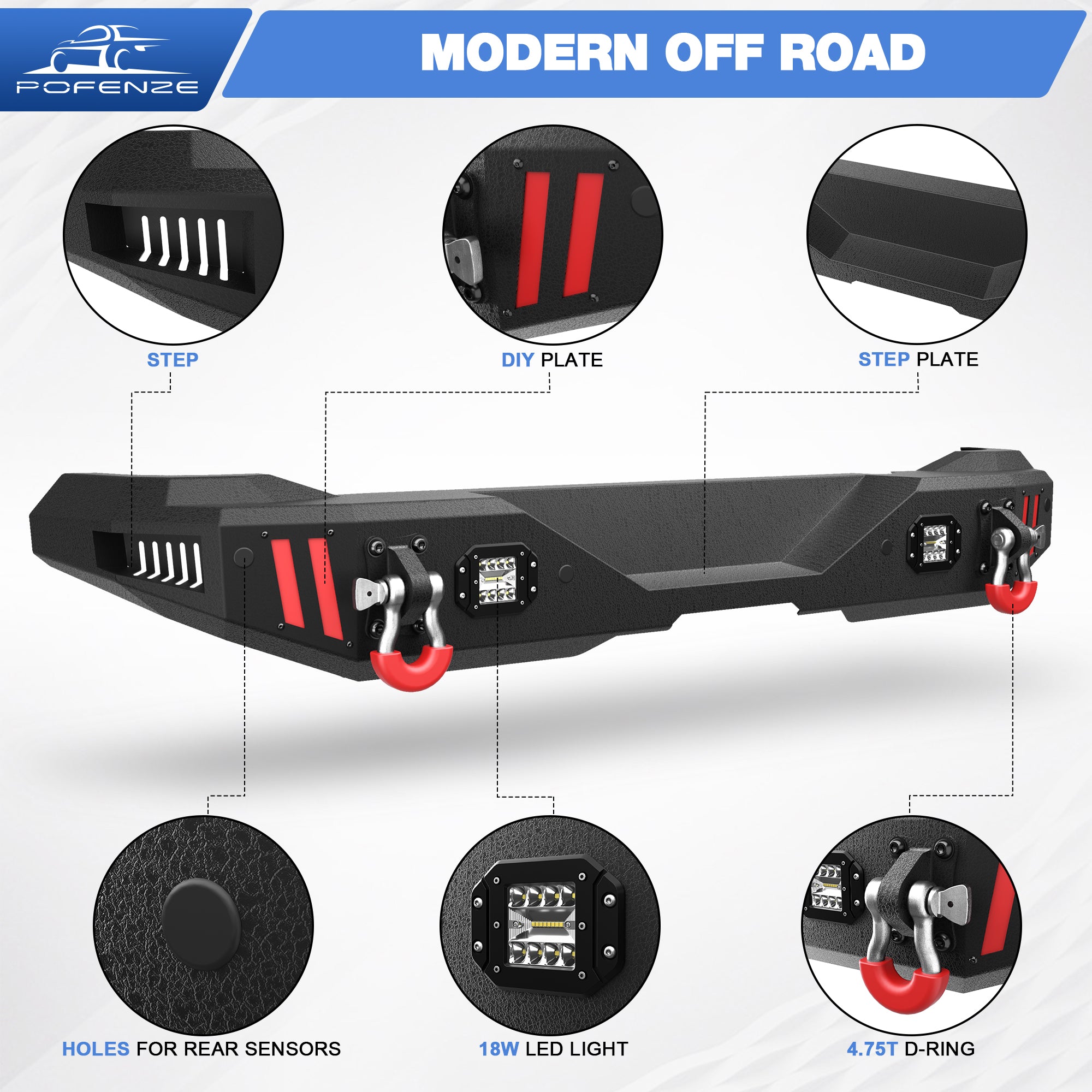 Rear Bumper Compatible with Ford Bronco 2021-2024, Textured Black Pickup Truck Bumper for 2021 2022 2023 2024 Ford Bronco, with Step Plate, Lights & D-rings (Excluding Bronco Sport or Raptor)