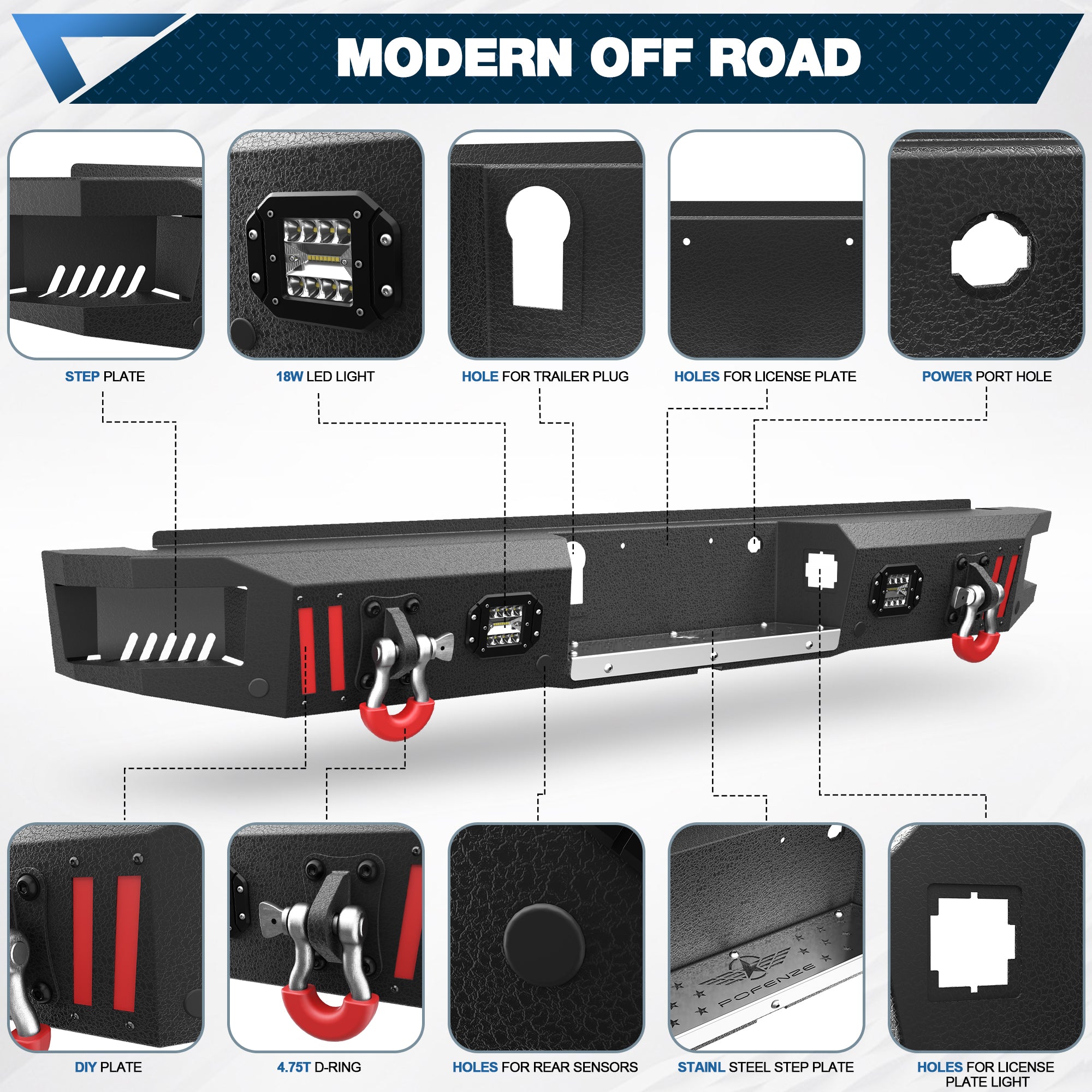 Rear Bumper Compatible with Ford F-150 2015-2023, Textured Black Pickup Truck F150 Bumper with Stainless Steel Step Plate, Lights and D-ring (Excluding Raptor & Ecoboost)