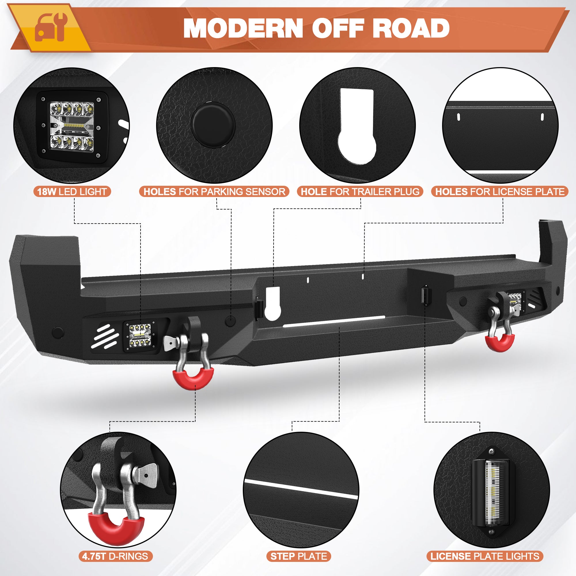 16-23 Tacoma Rear Bumper Full Width Offroad Bumper w/Step Plate, 2x18w Lights, D-rings, License Plate Lights for 2016-2023 Tacoma 3rd Gen