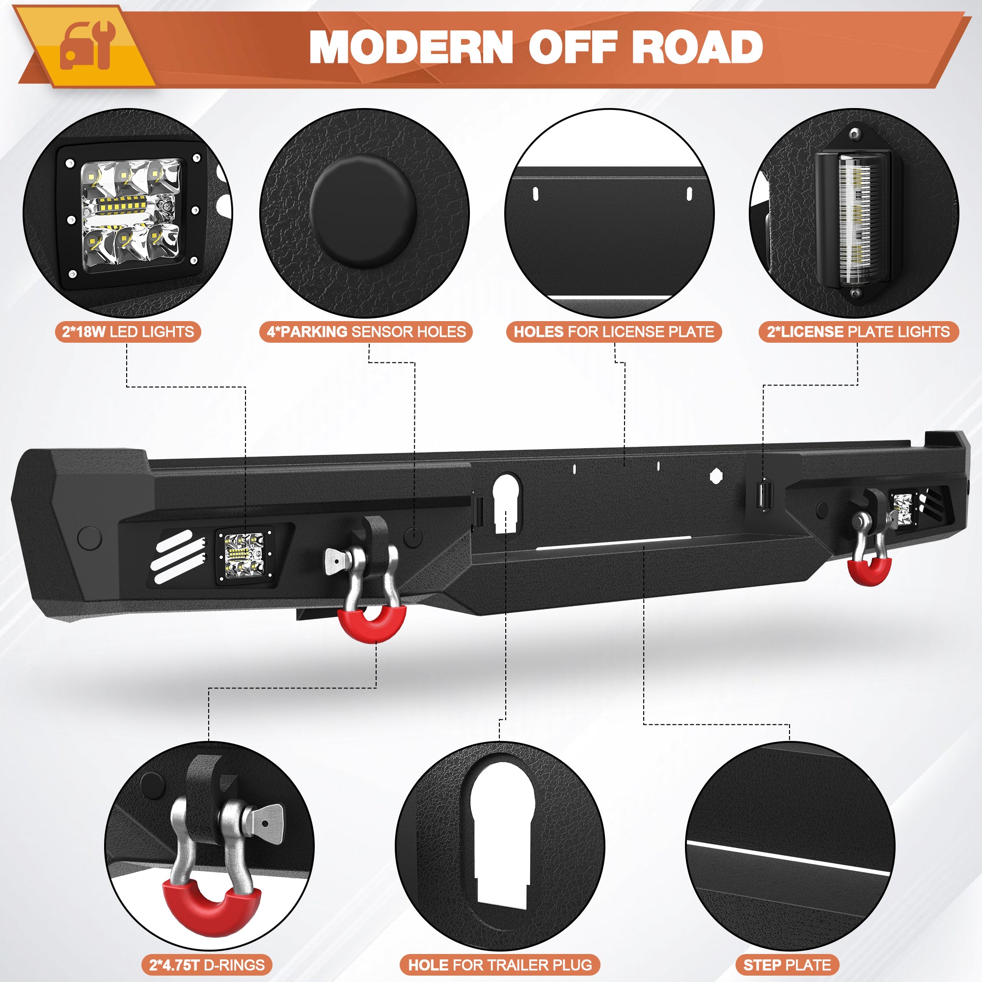 Rear Bumper for 2018-2020 Ford F150 Pickup Trucks Full Width Offroad Bumper w/Step Plate, 2x18w Lights, D-rings, License Plate Lights (Excluding Raptor)