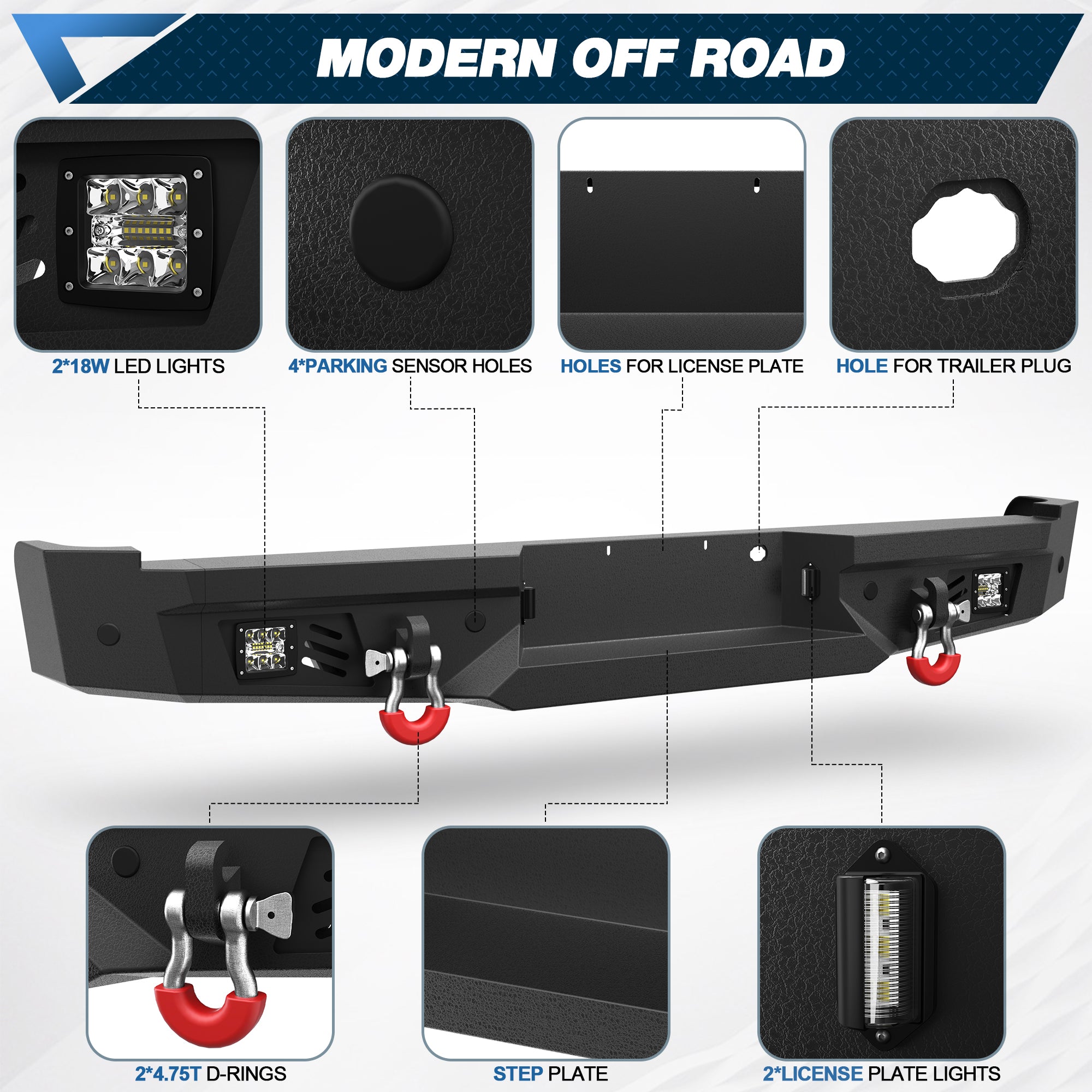 04-08 F150 Rear Bumper Full Width Offroad Bumper w/Step Plate, 2x18w Lights, D-rings, License Plate Lights for 2004-2008 Ford F150 Pickup Trucks