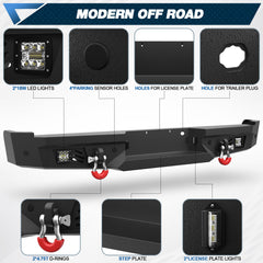 04-08 F150 Rear Bumper Full Width Offroad Bumper w/Step Plate, 2x18w Lights, D-rings, License Plate Lights for 2004-2008 Ford F150 Pickup Trucks