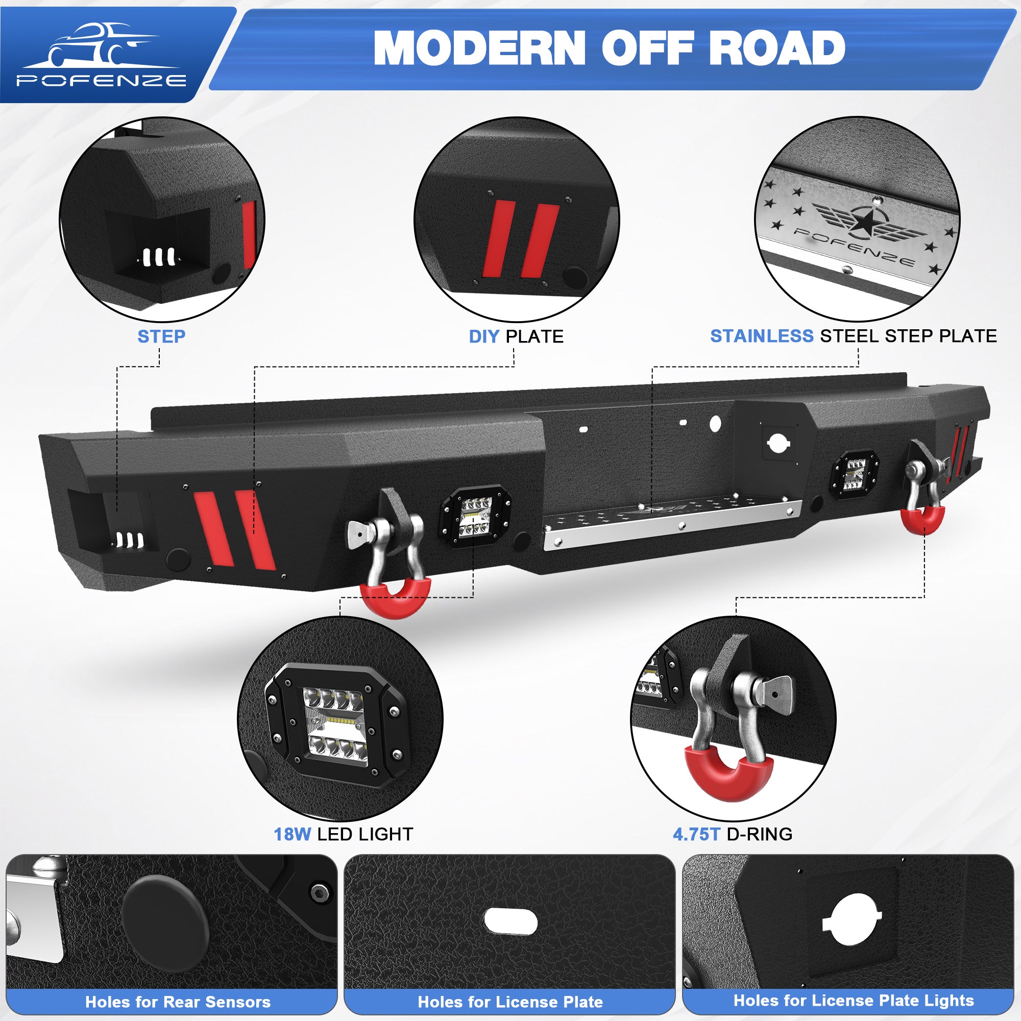 F250 Rear Bumper Full Width for 1999-2016 Ford F250/F350/F450, w/Step Plate, Fog Lights, D-rings and Sensor Holes