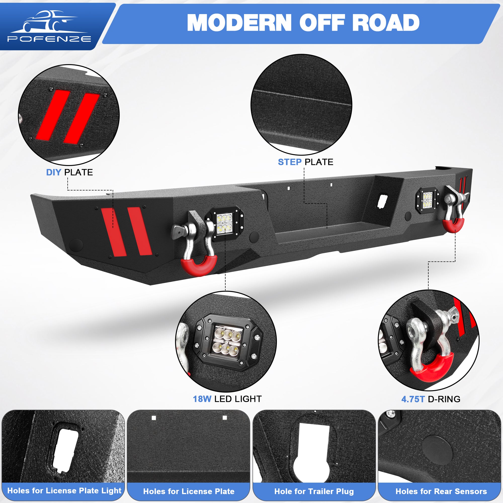 Rear Bumper Compatible with Jeep Gladiator JT 2020 2021 2022 2023 2024, Textured Black Pickup Truck Bumper for 2020-2024 Gladiator JT, with Step Plate, Lights, Sensor Holes and D-rings