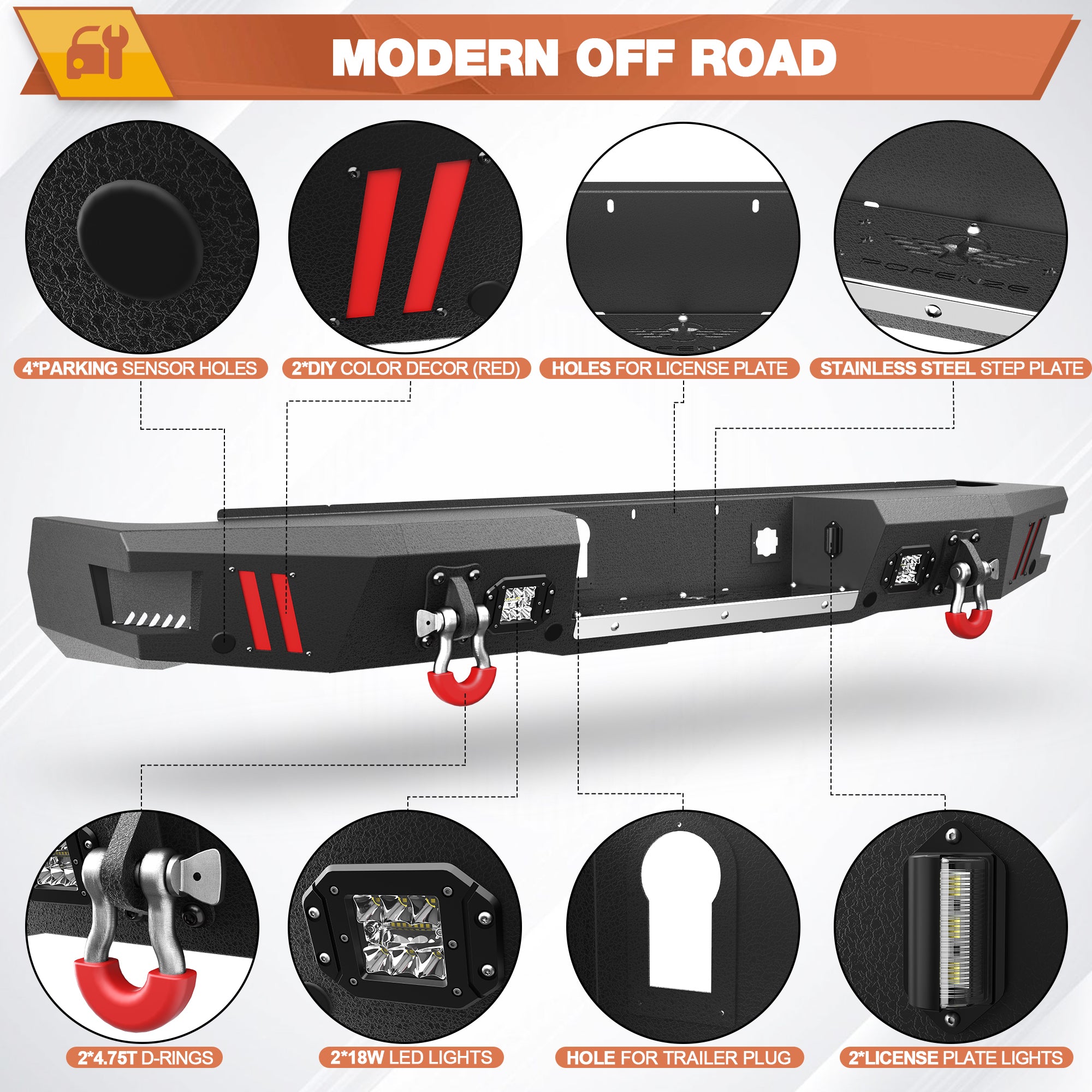 Rear Bumper for 20-23 Chevy Silverado/GMC Sierra 2500/3500 Truck Bumper Full Width Offroad Bumper w/Step Plate, 2x18w Lights, D-rings for 2020-2023 Chevy Silverado and GMC Sierra 2500/3500