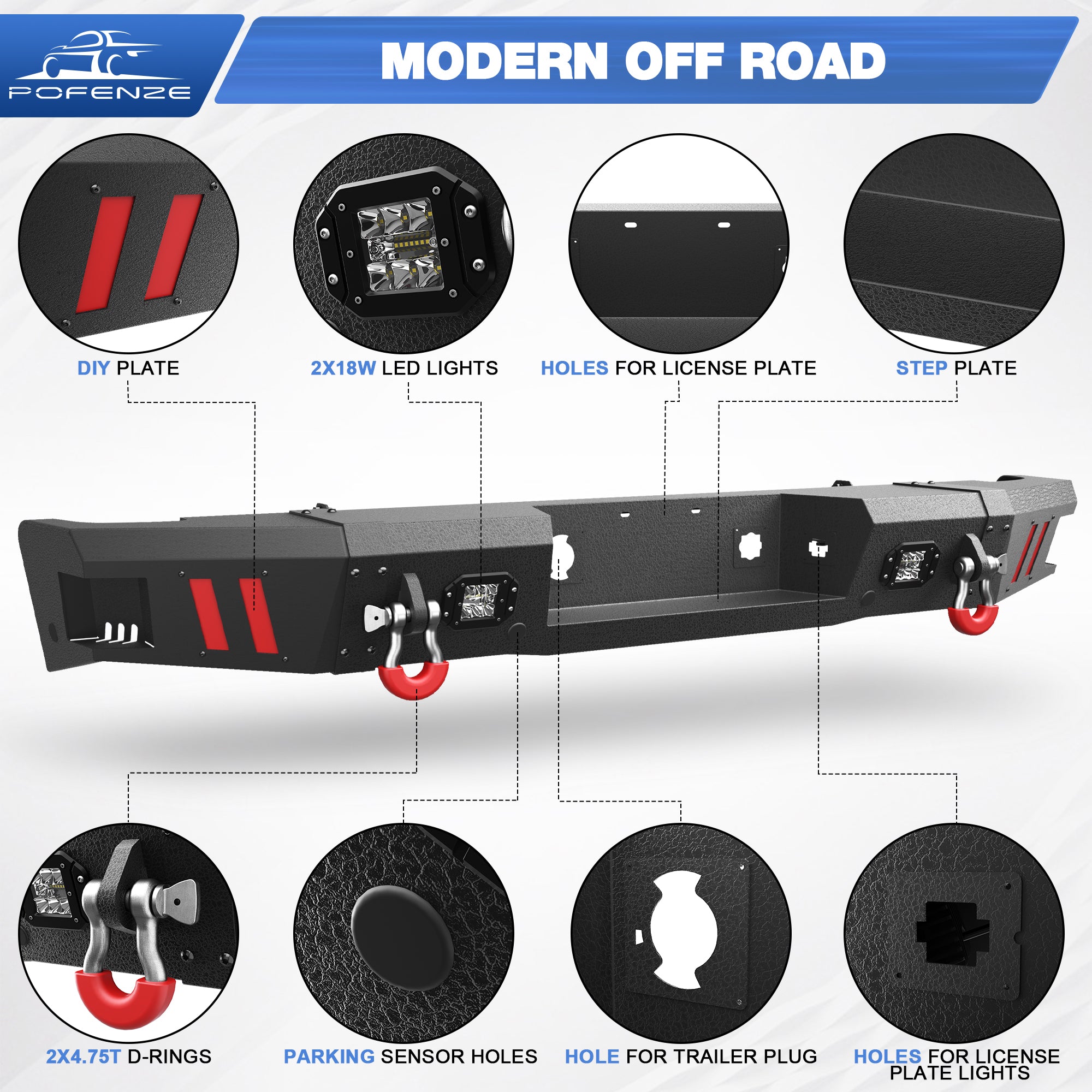 Rear Bumper for 2011-2014 Chevy Silverado/GMC Sierra 2500/3500 Full Width Offroad Bumper w/Step Plate, 2x18w Lights, D-rings for 2011-2014 Chevy Silverado and GMC Sierra 2500/3500 Trucks
